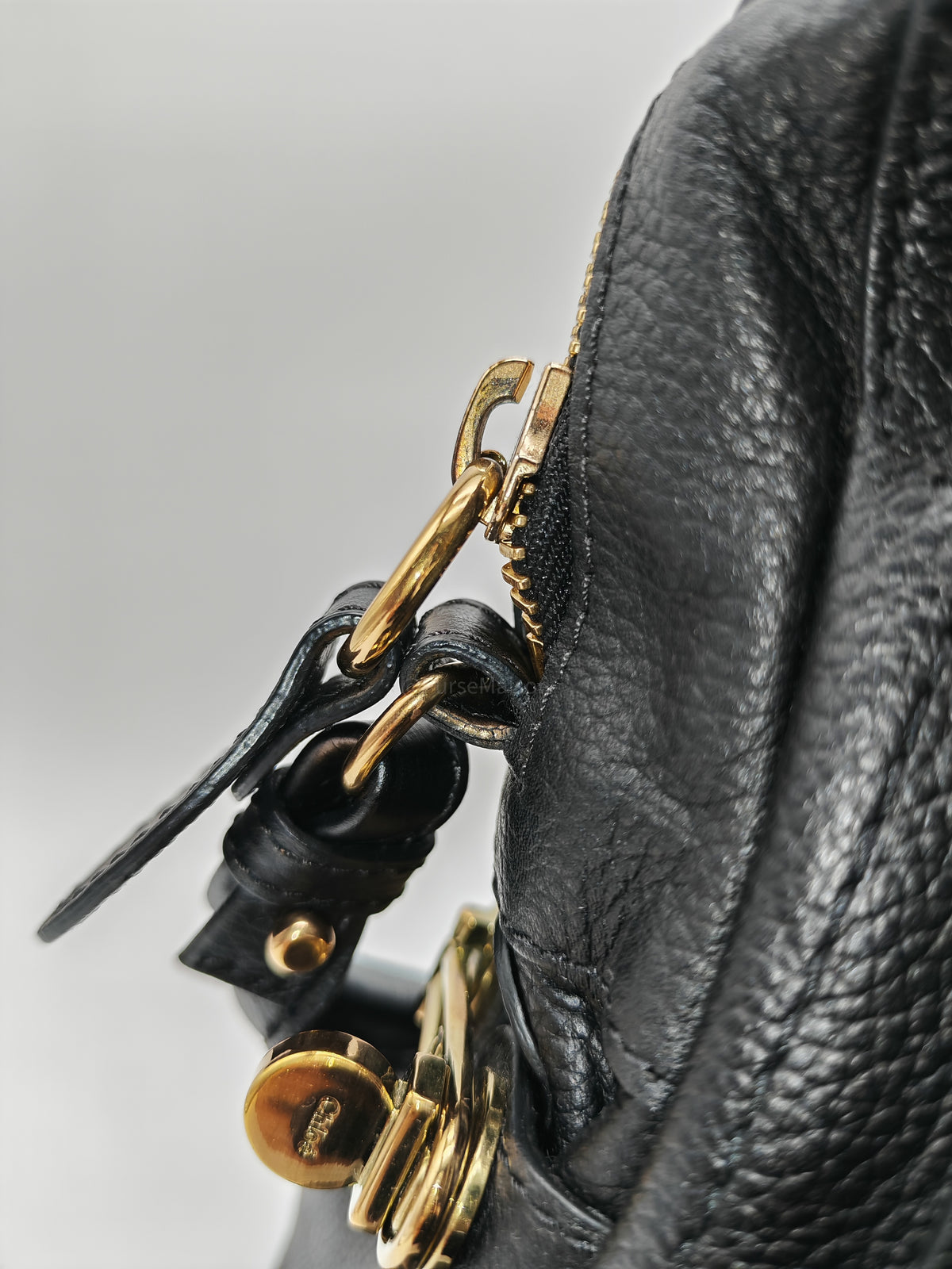 Chloe Paraty Top Handle Shoulder Bag in Black Grained Calfskin Leather and Gold Hardware