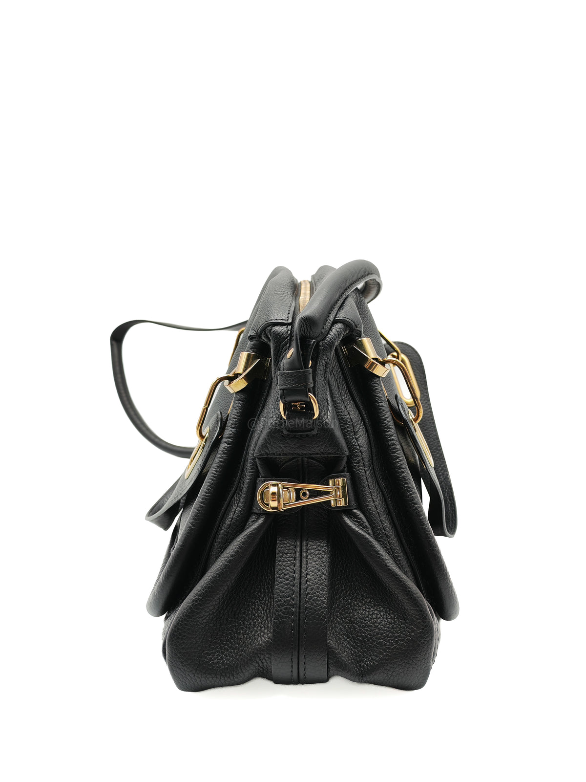 Chloe Paraty Top Handle Shoulder Bag in Black Grained Calfskin Leather and Gold Hardware