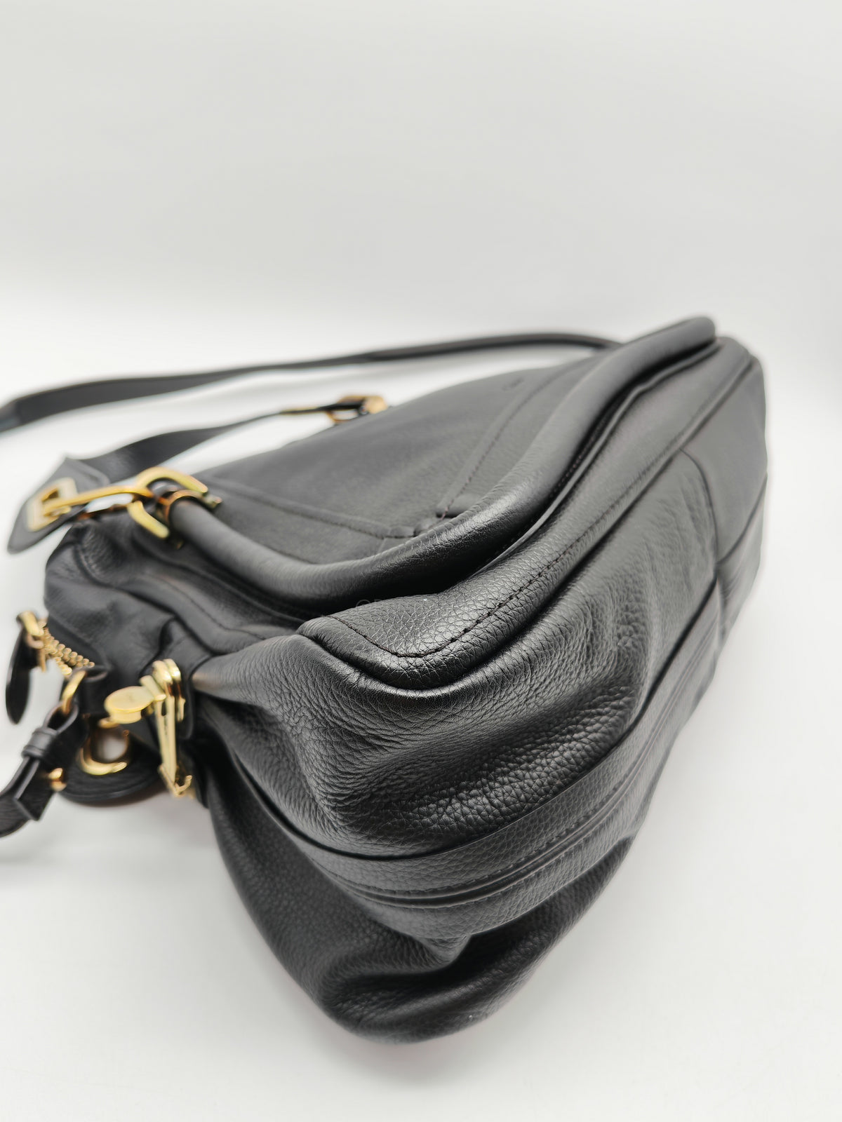 Chloe Paraty Top Handle Shoulder Bag in Black Grained Calfskin Leather and Gold Hardware