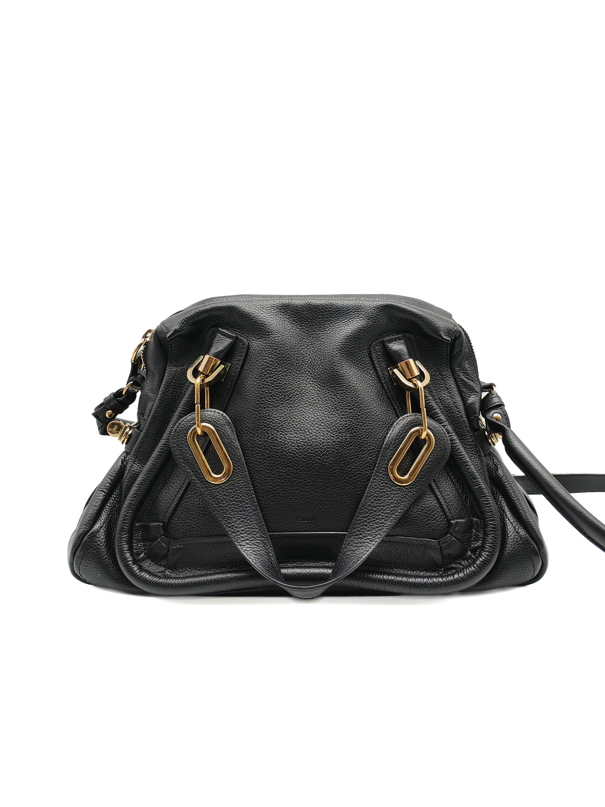 Chloe Paraty Top Handle Shoulder Bag in Black Grained Calfskin Leather and Gold Hardware