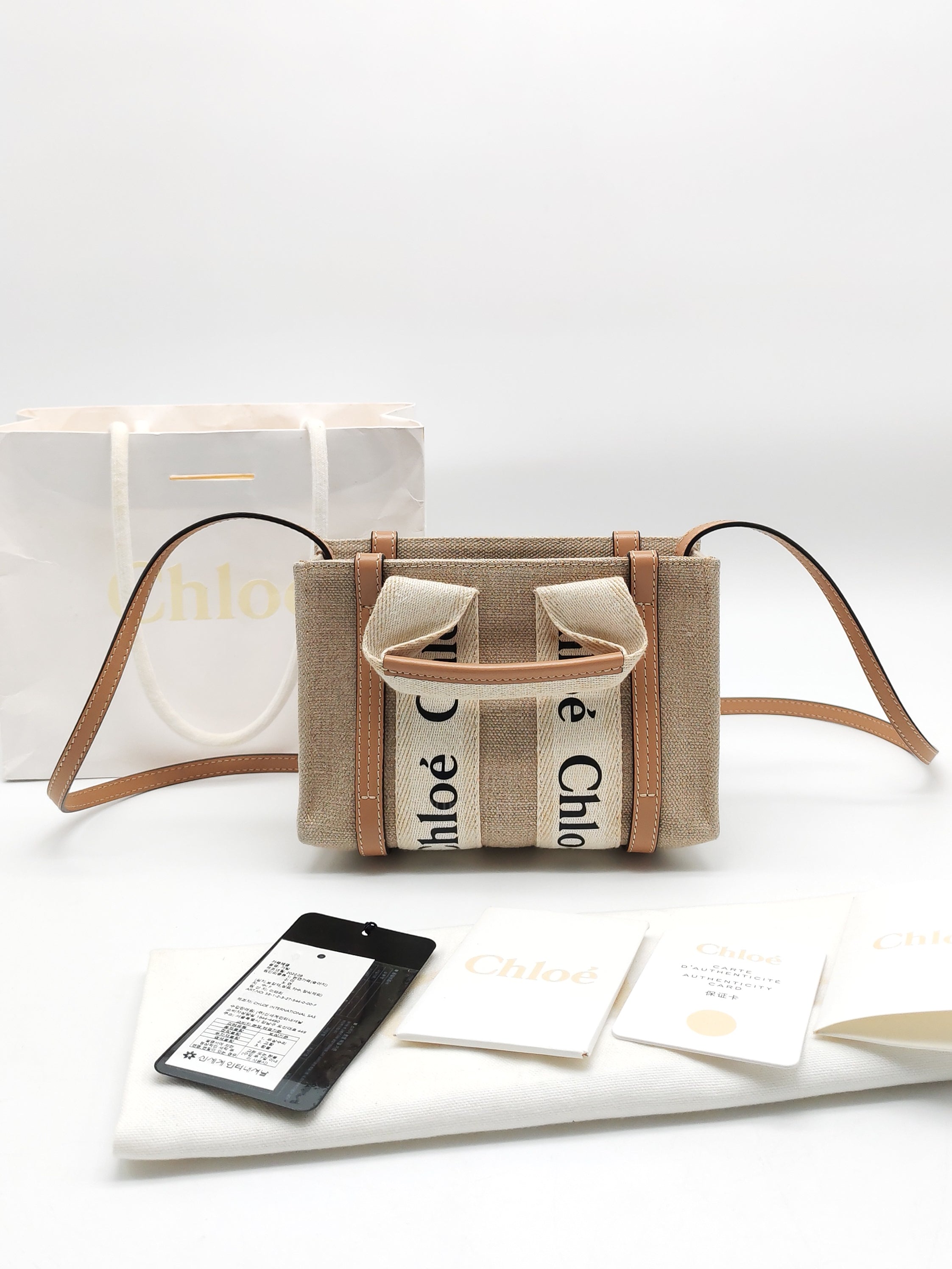 Chloe Mini Woody Tote Bag in Brown Linen Canvas