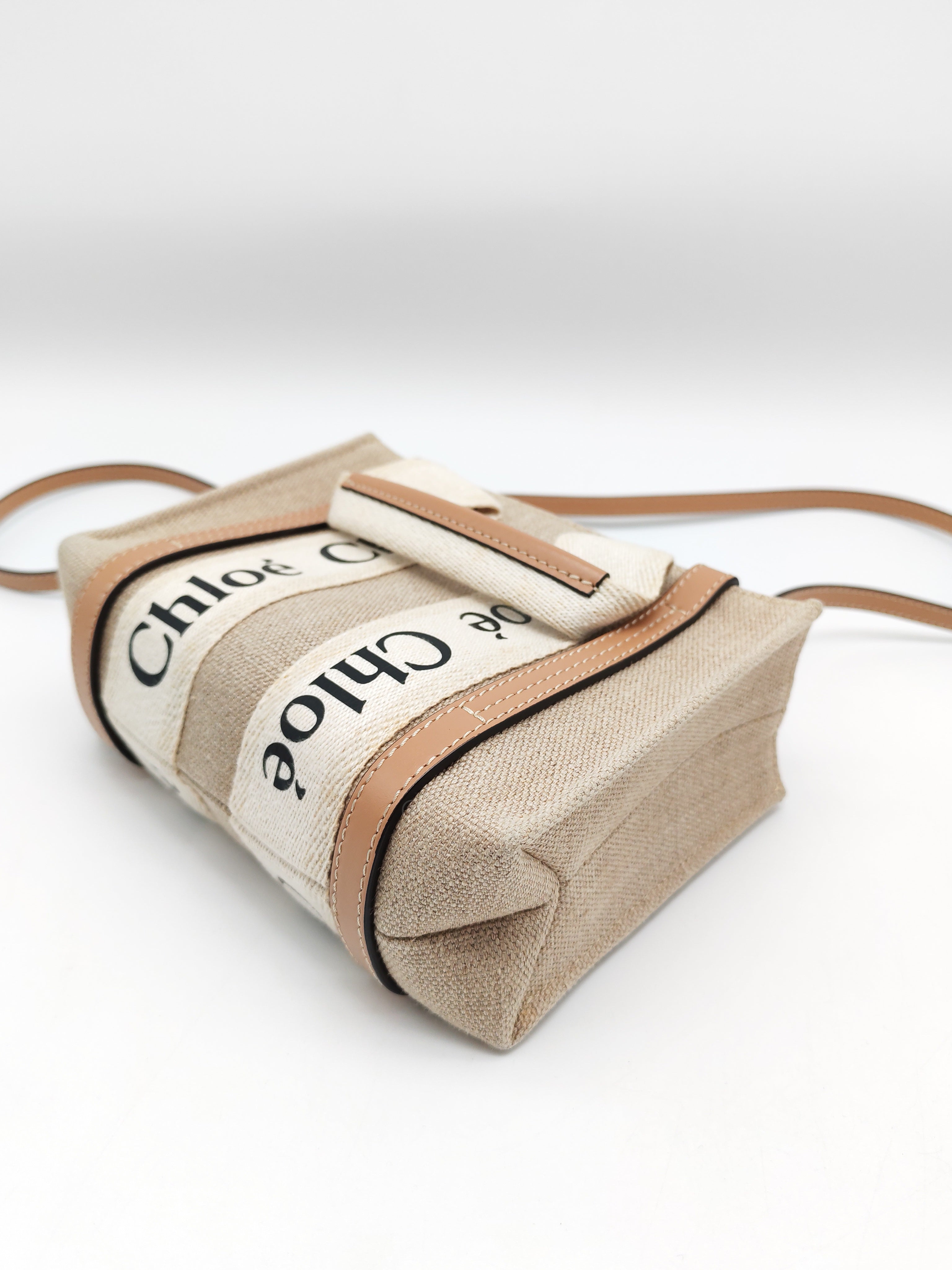 Chloe Mini Woody Tote Bag in Brown Linen Canvas