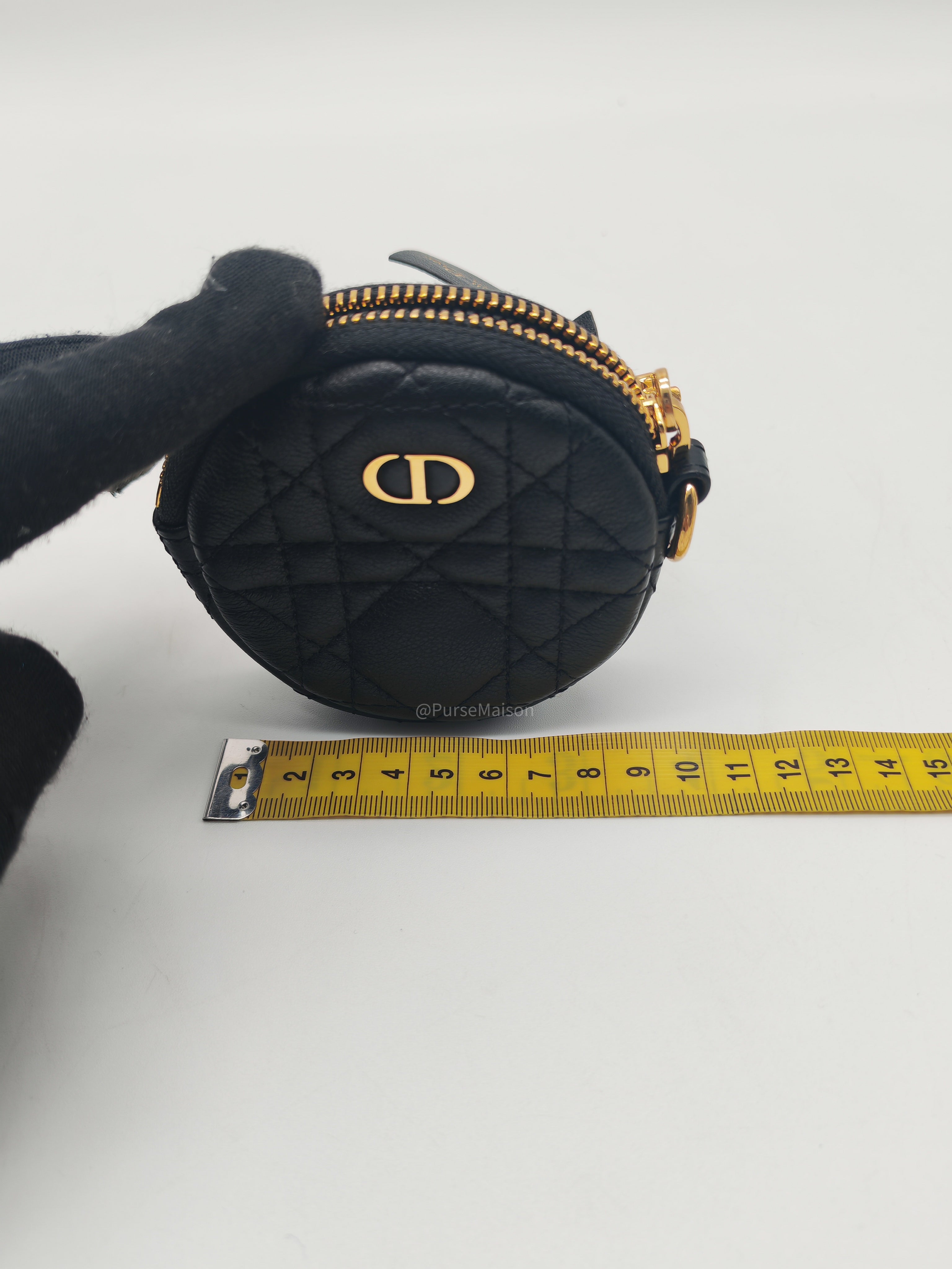 Christian Dior Mini Caro Coin Purse in Black Cannage Quilted Leather Gold Hardware