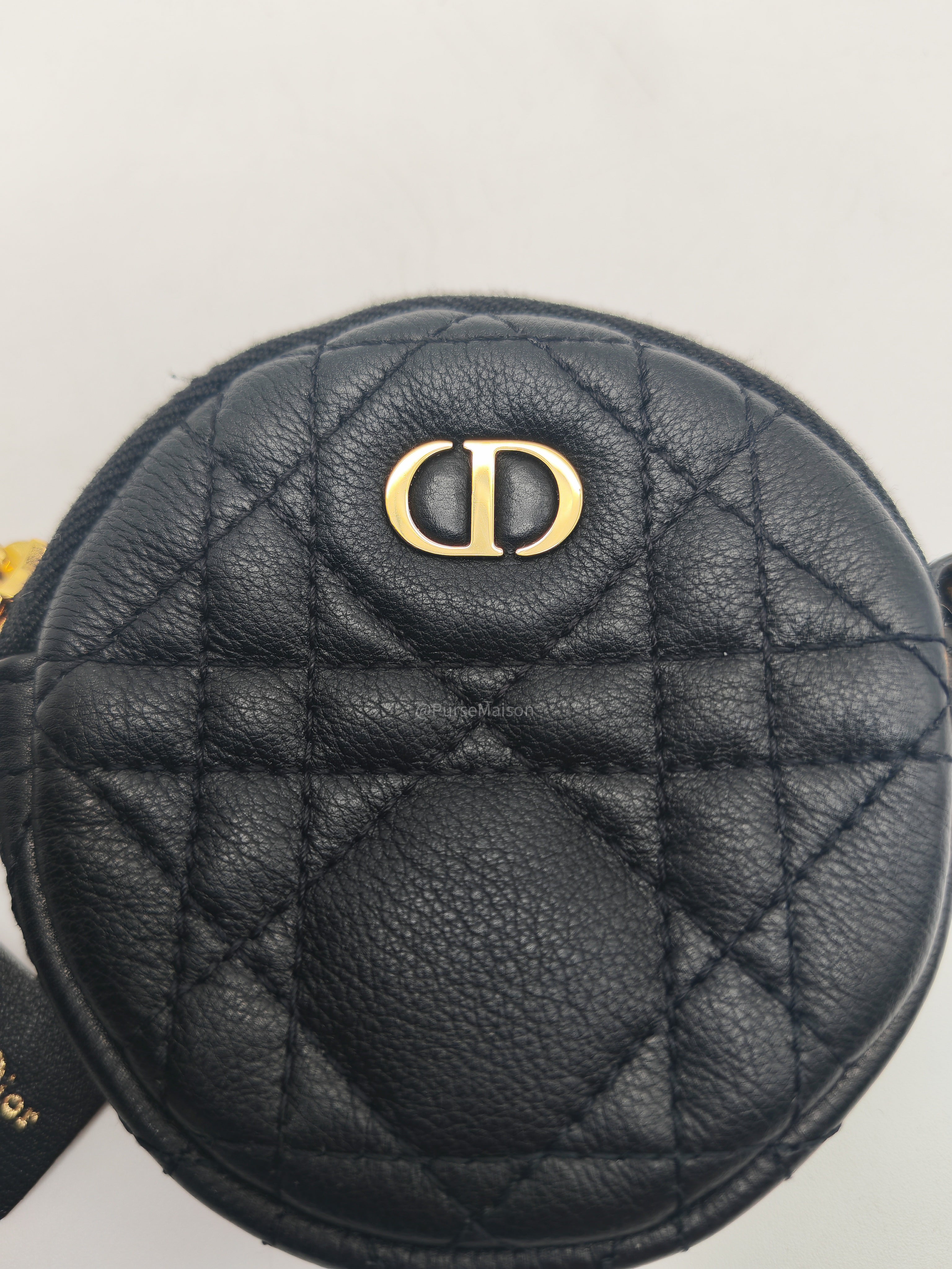 Christian Dior Mini Caro Coin Purse in Black Cannage Quilted Leather Gold Hardware