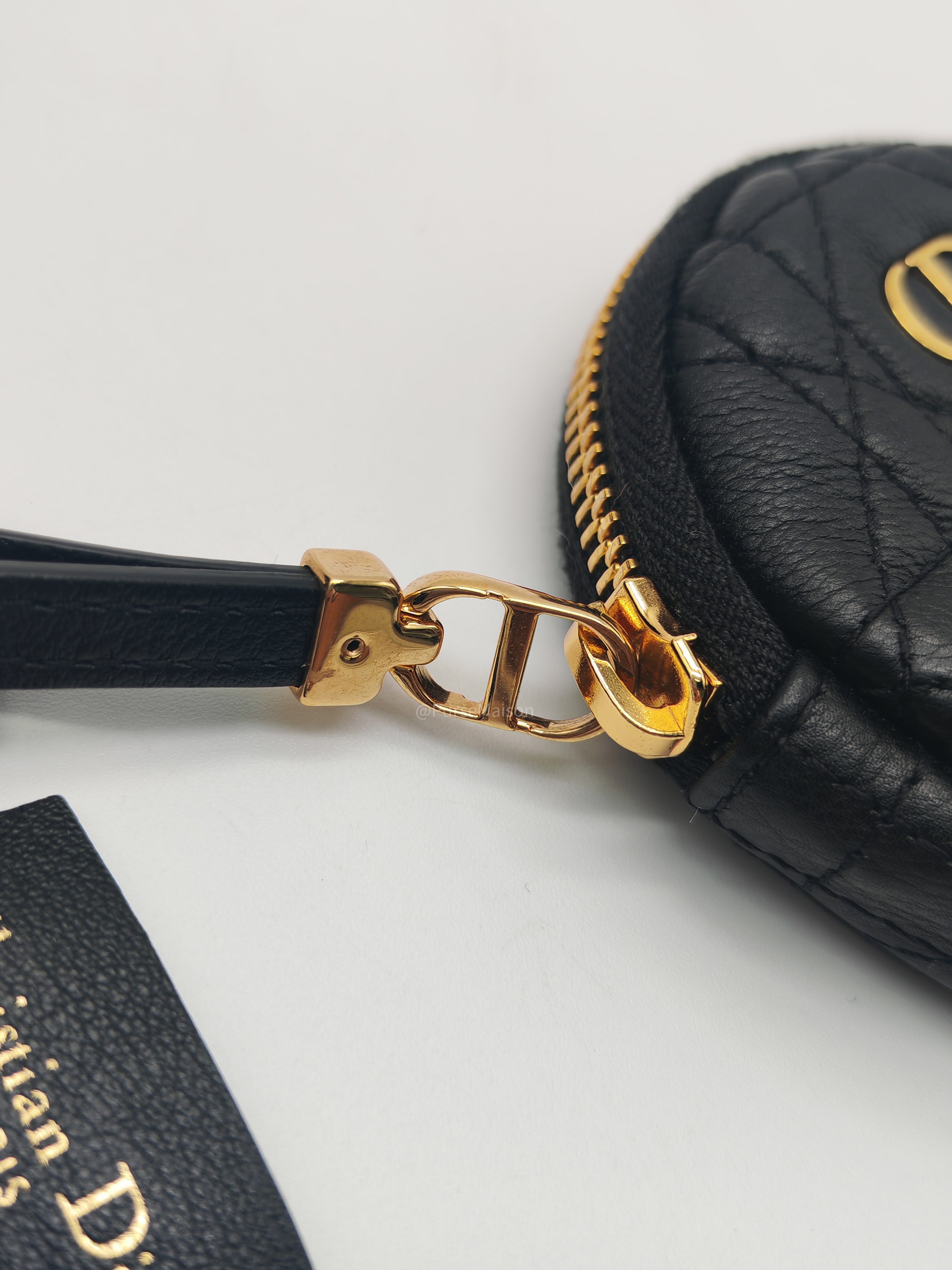 Christian Dior Mini Caro Coin Purse in Black Cannage Quilted Leather Gold Hardware