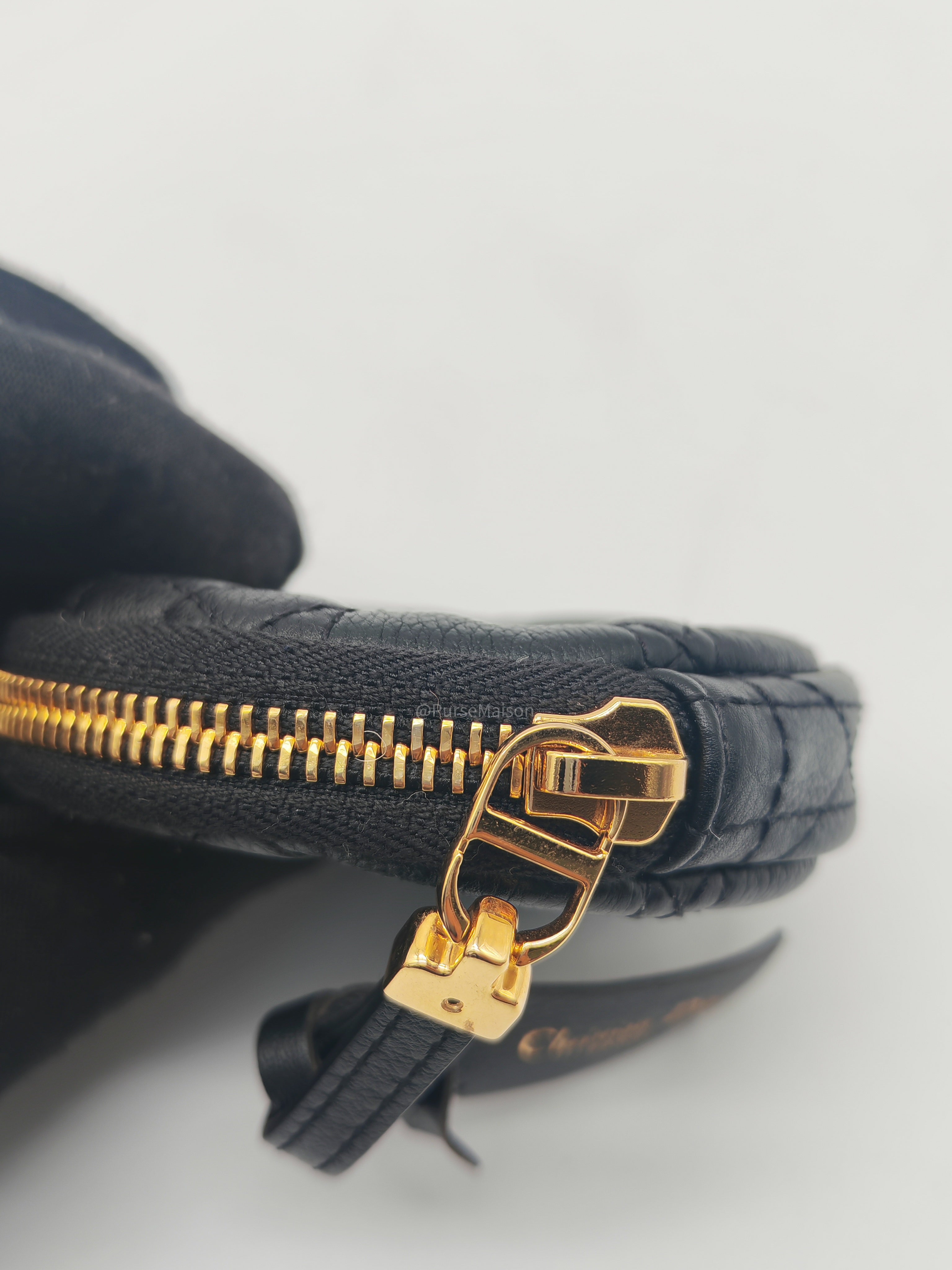 Christian Dior Mini Caro Coin Purse in Black Cannage Quilted Leather Gold Hardware