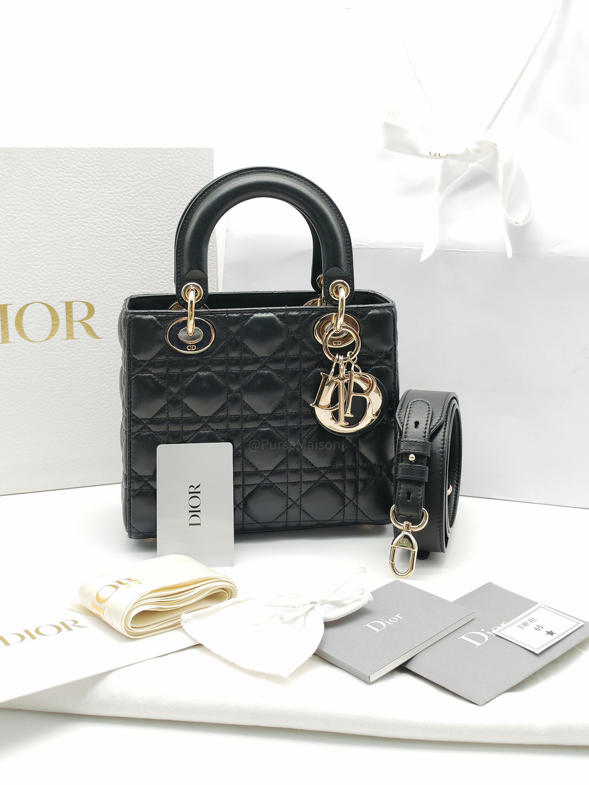 Christian Dior Lady Dior Bag Small in Black Lambskin Leather Light Gold Hardware