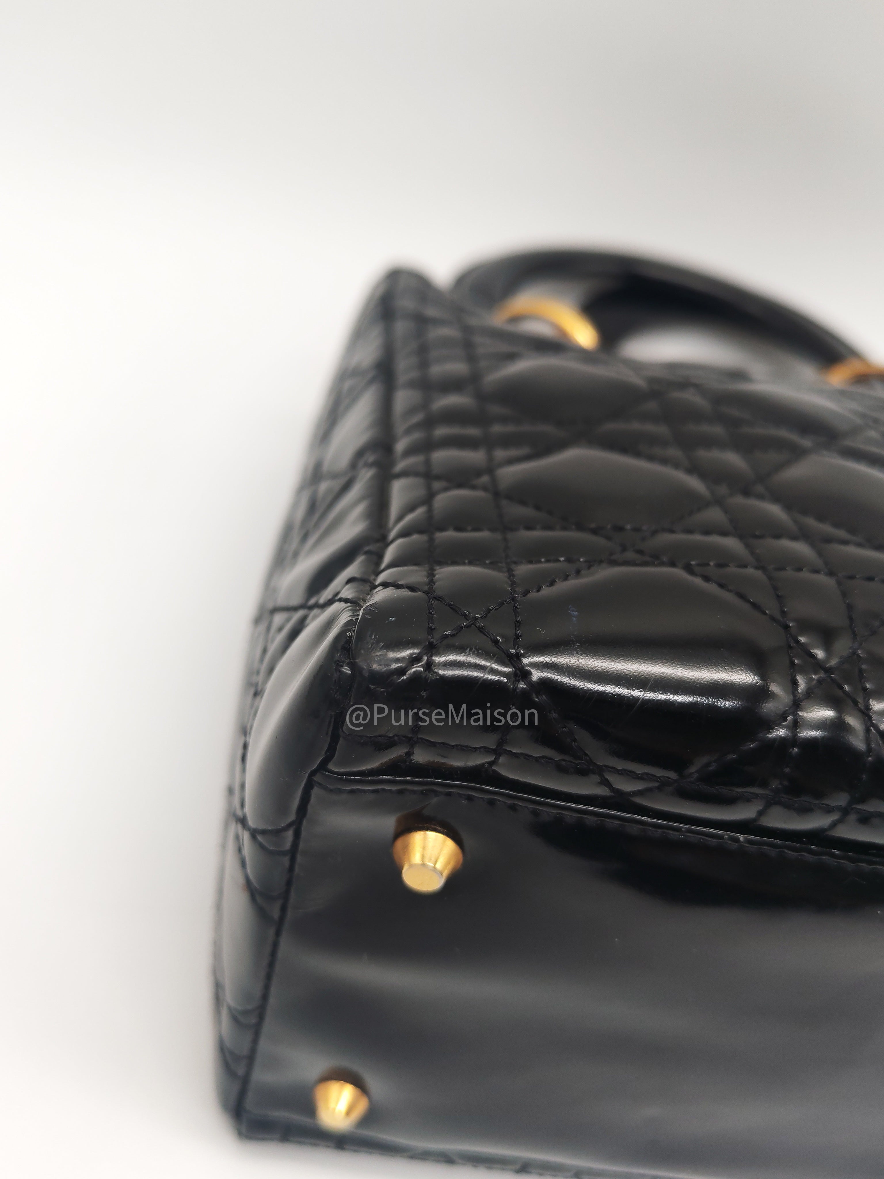 Christian Dior Lady Dior Handbag in Black Cannage Patent Leather GHW