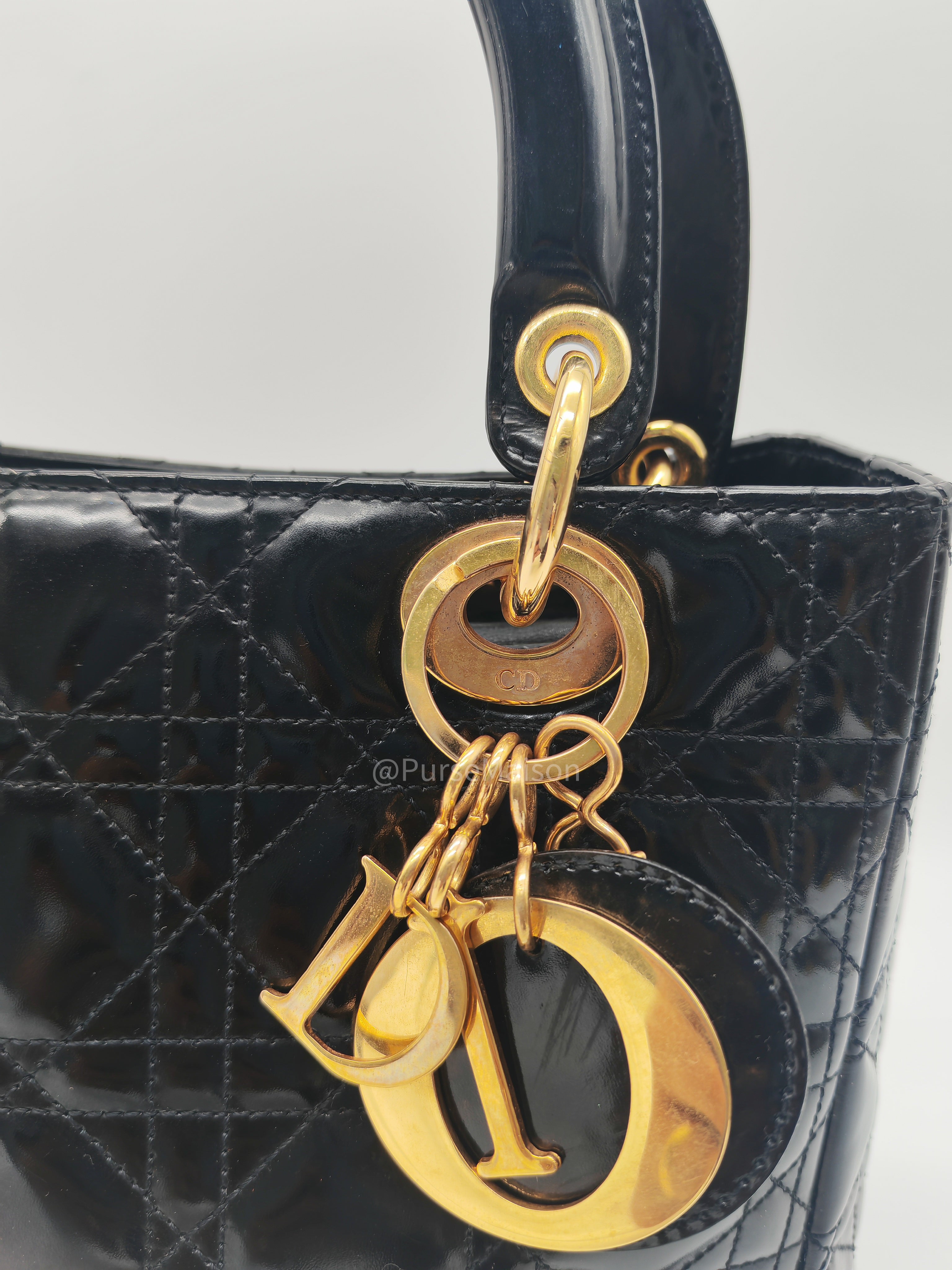 Christian Dior Lady Dior Handbag in Black Cannage Patent Leather GHW
