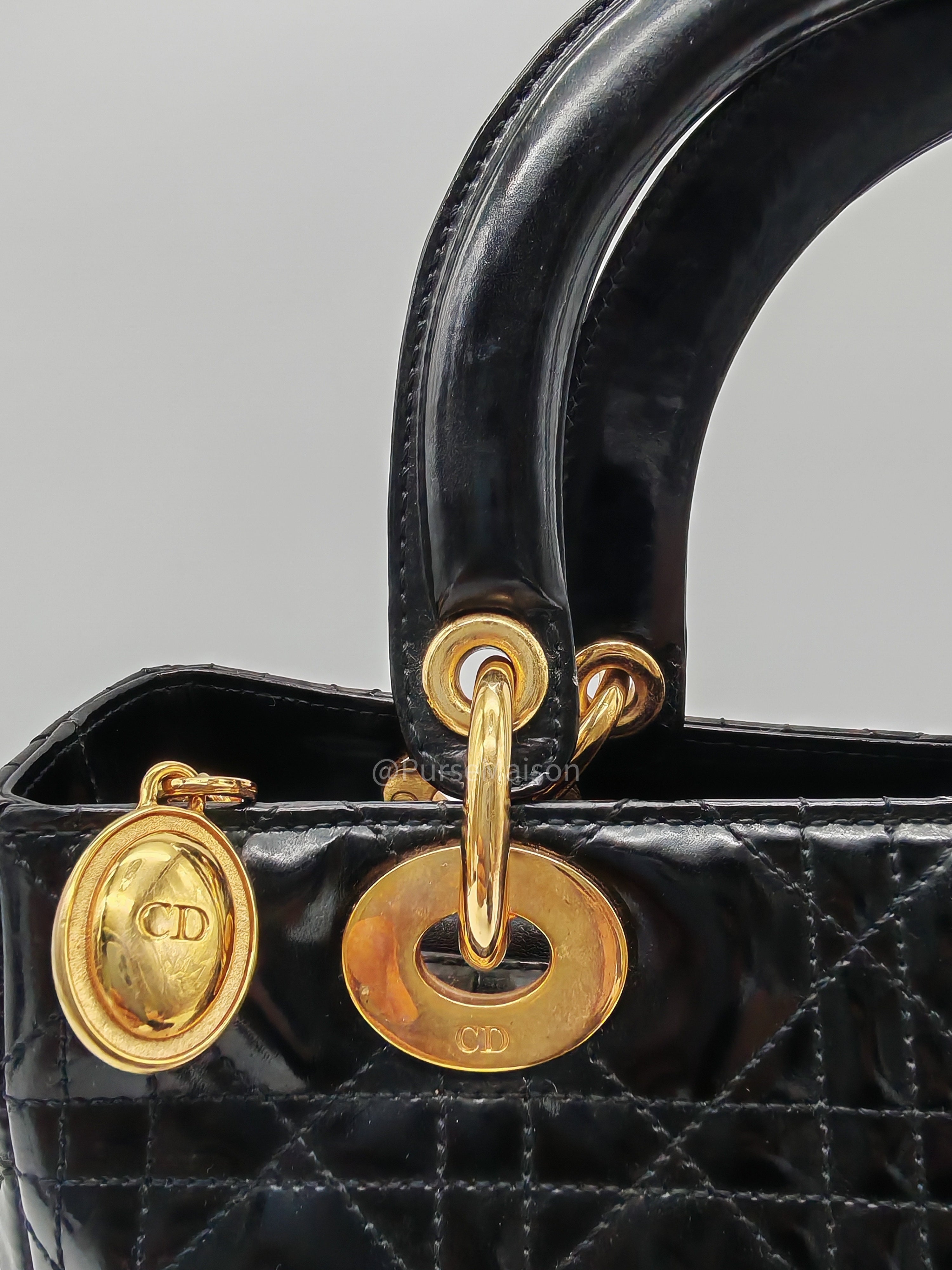 Christian Dior Lady Dior Handbag in Black Cannage Patent Leather GHW