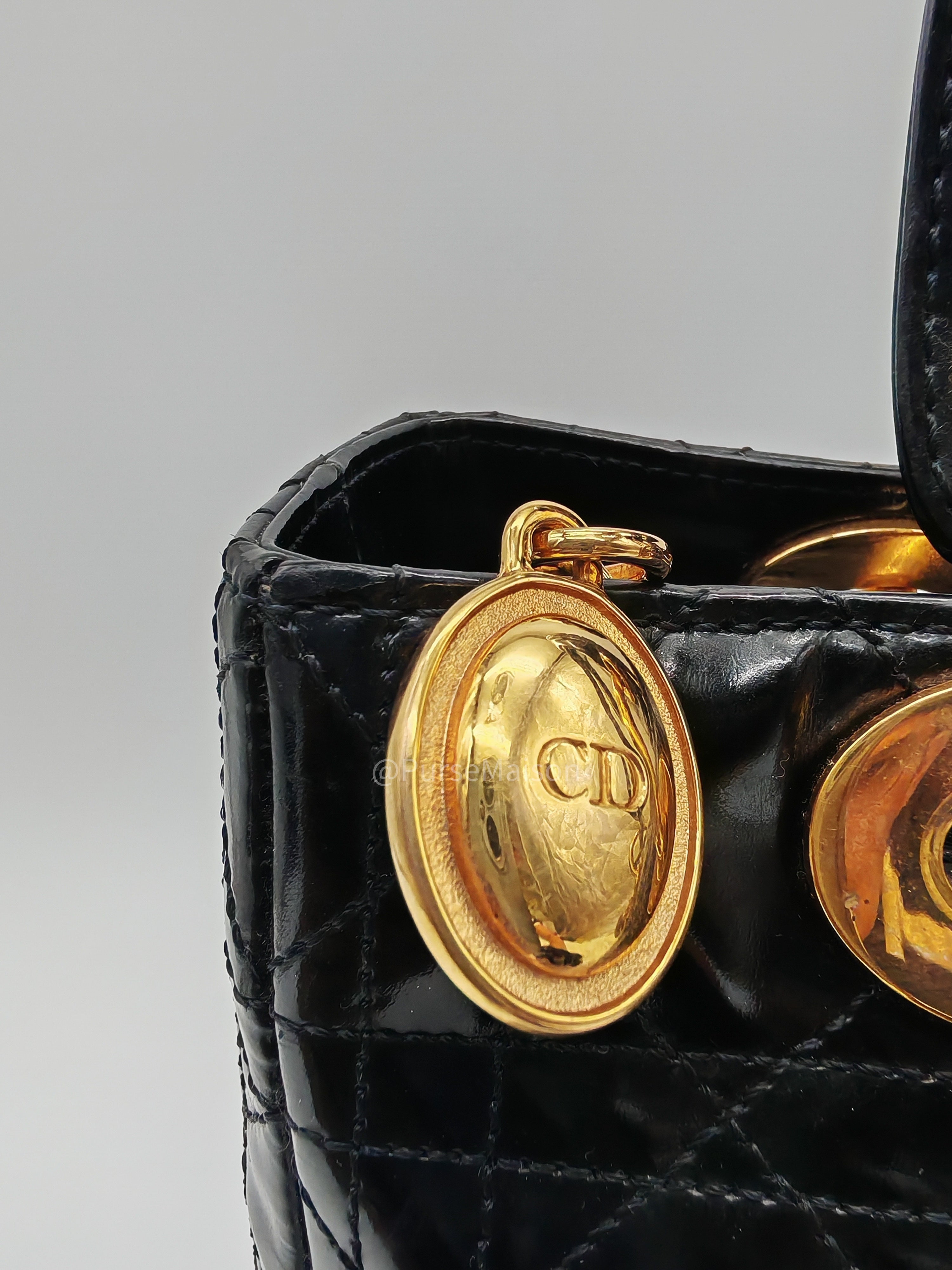 Christian Dior Lady Dior Handbag in Black Cannage Patent Leather GHW