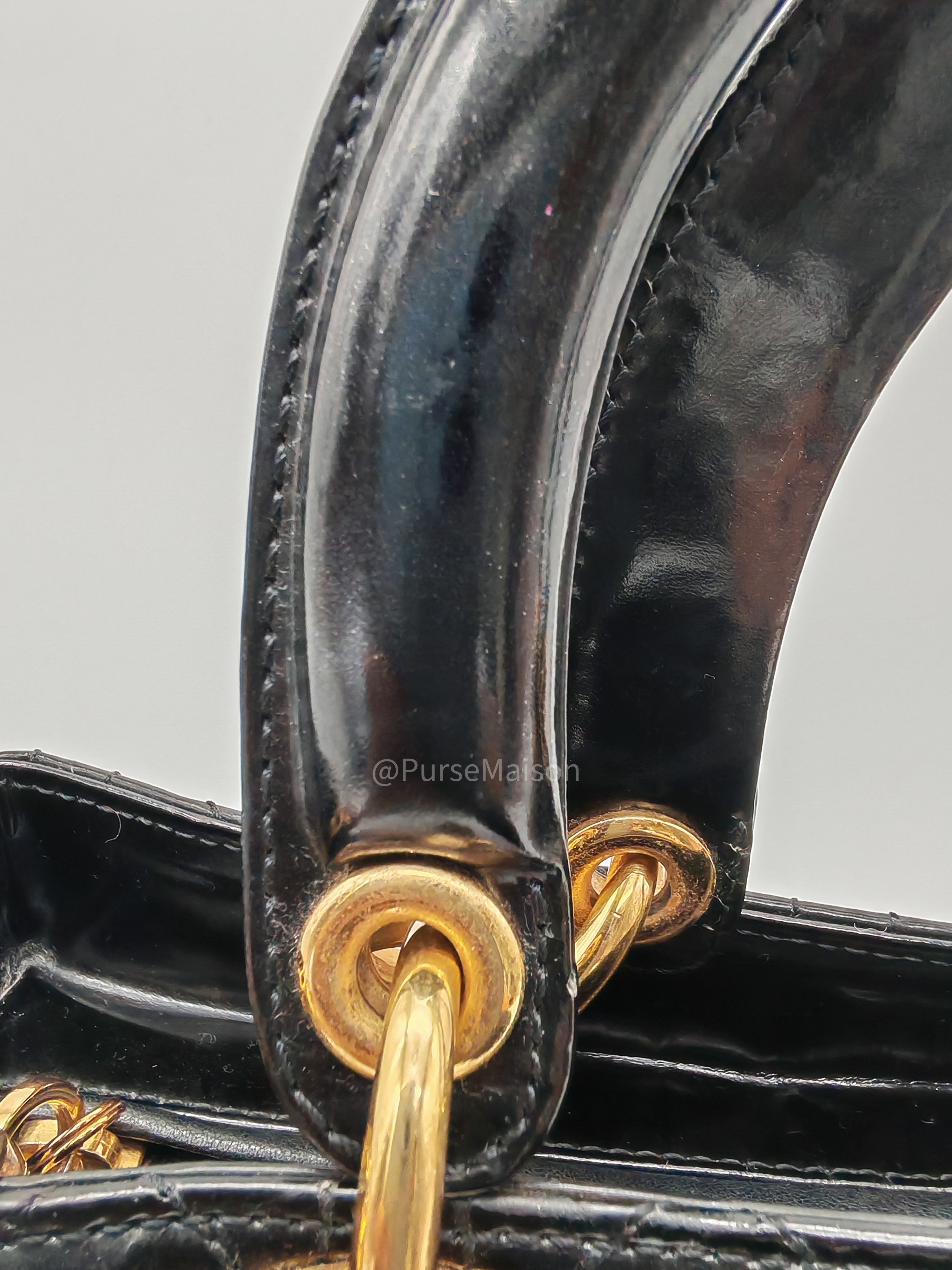 Christian Dior Lady Dior Handbag in Black Cannage Patent Leather GHW