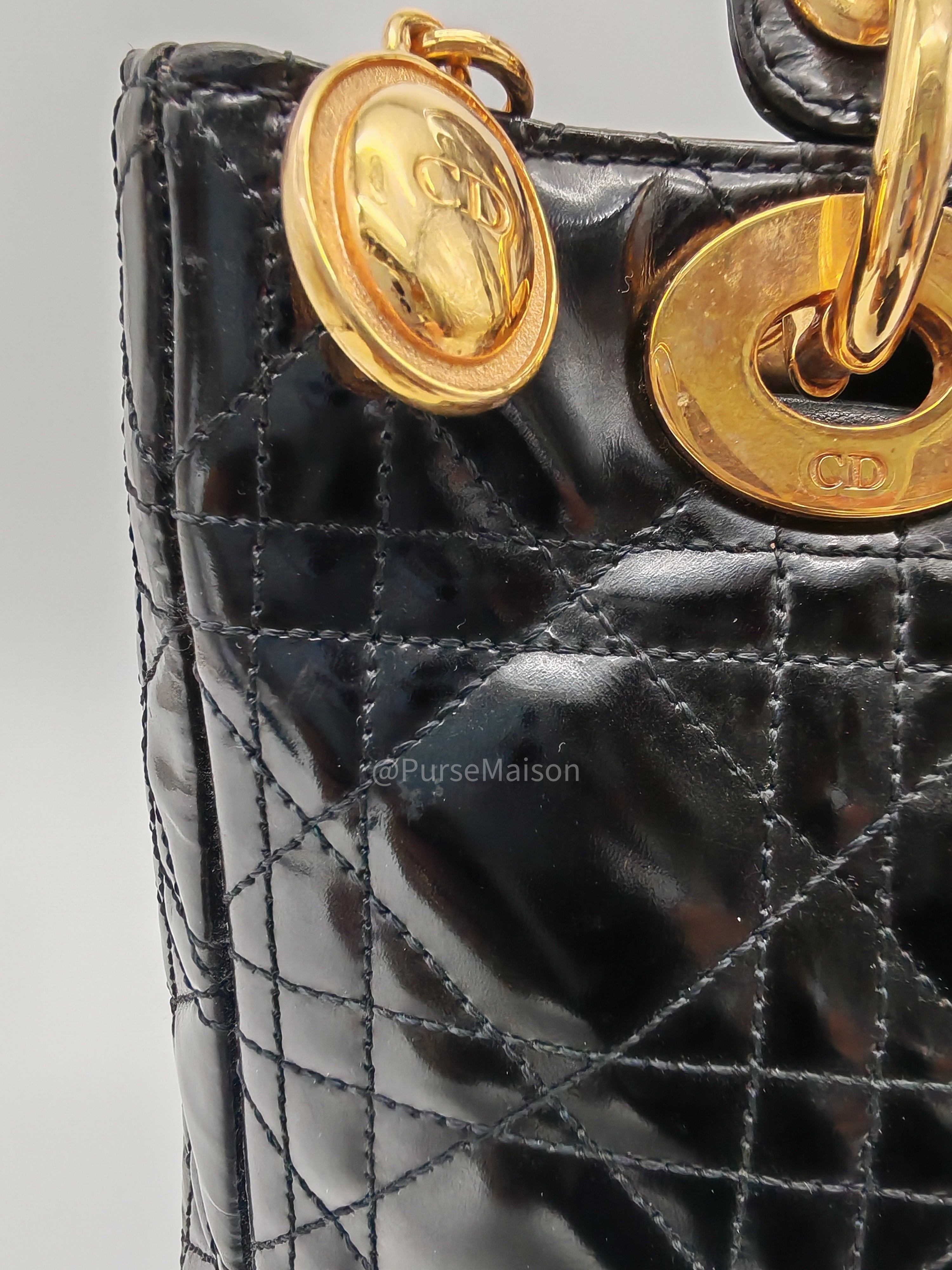 Christian Dior Lady Dior Handbag in Black Cannage Patent Leather GHW