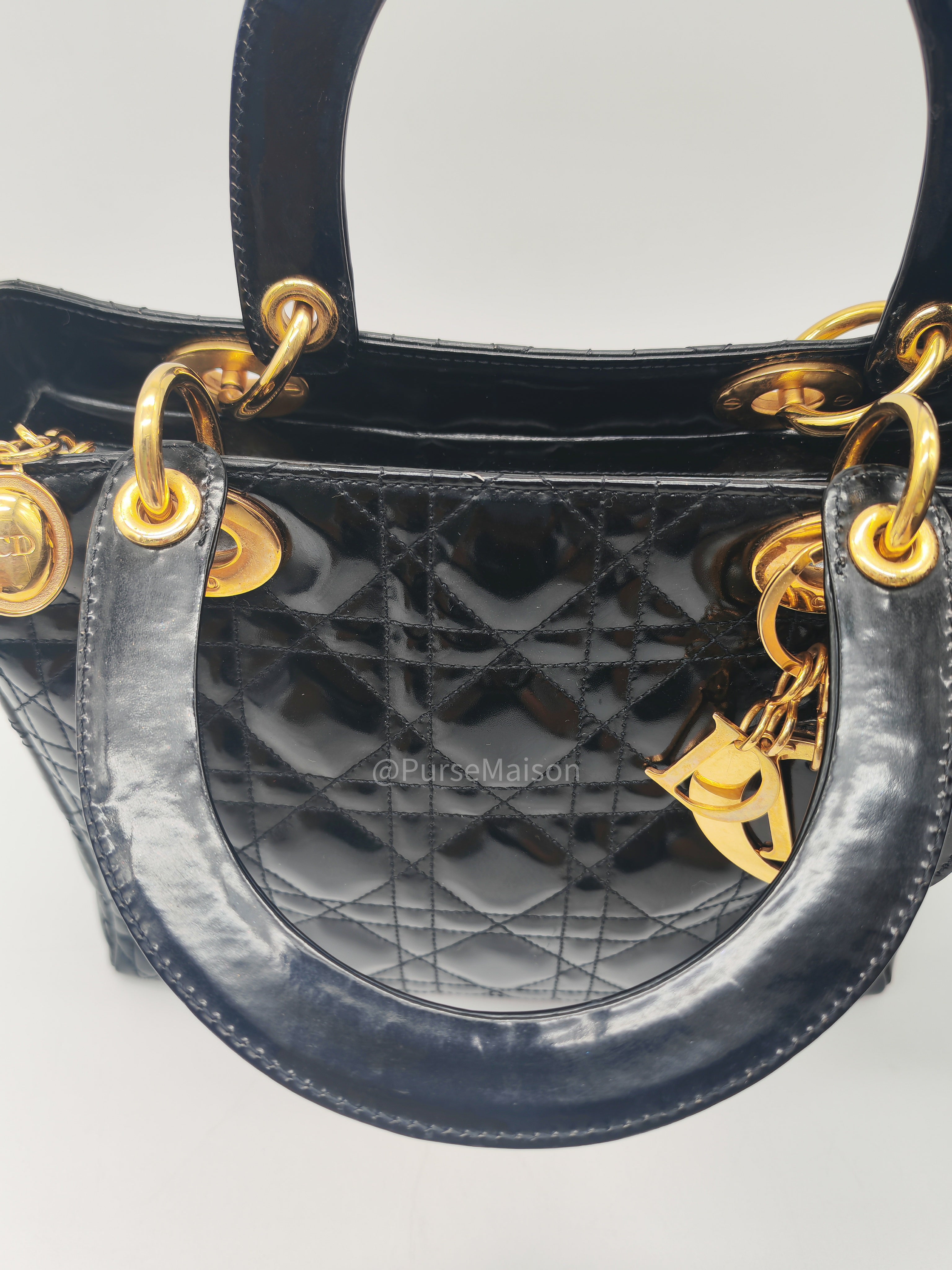 Christian Dior Lady Dior Handbag in Black Cannage Patent Leather GHW