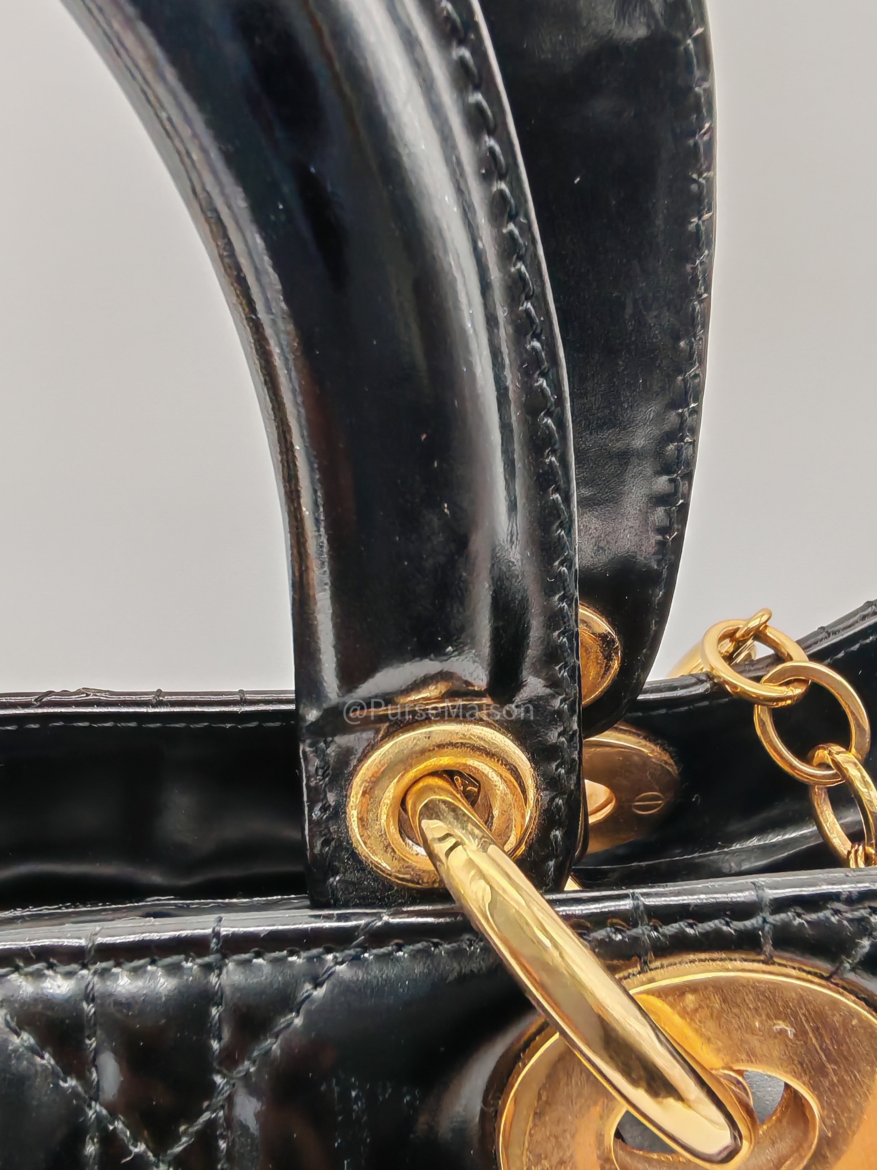 Christian Dior Lady Dior Handbag in Black Cannage Patent Leather GHW