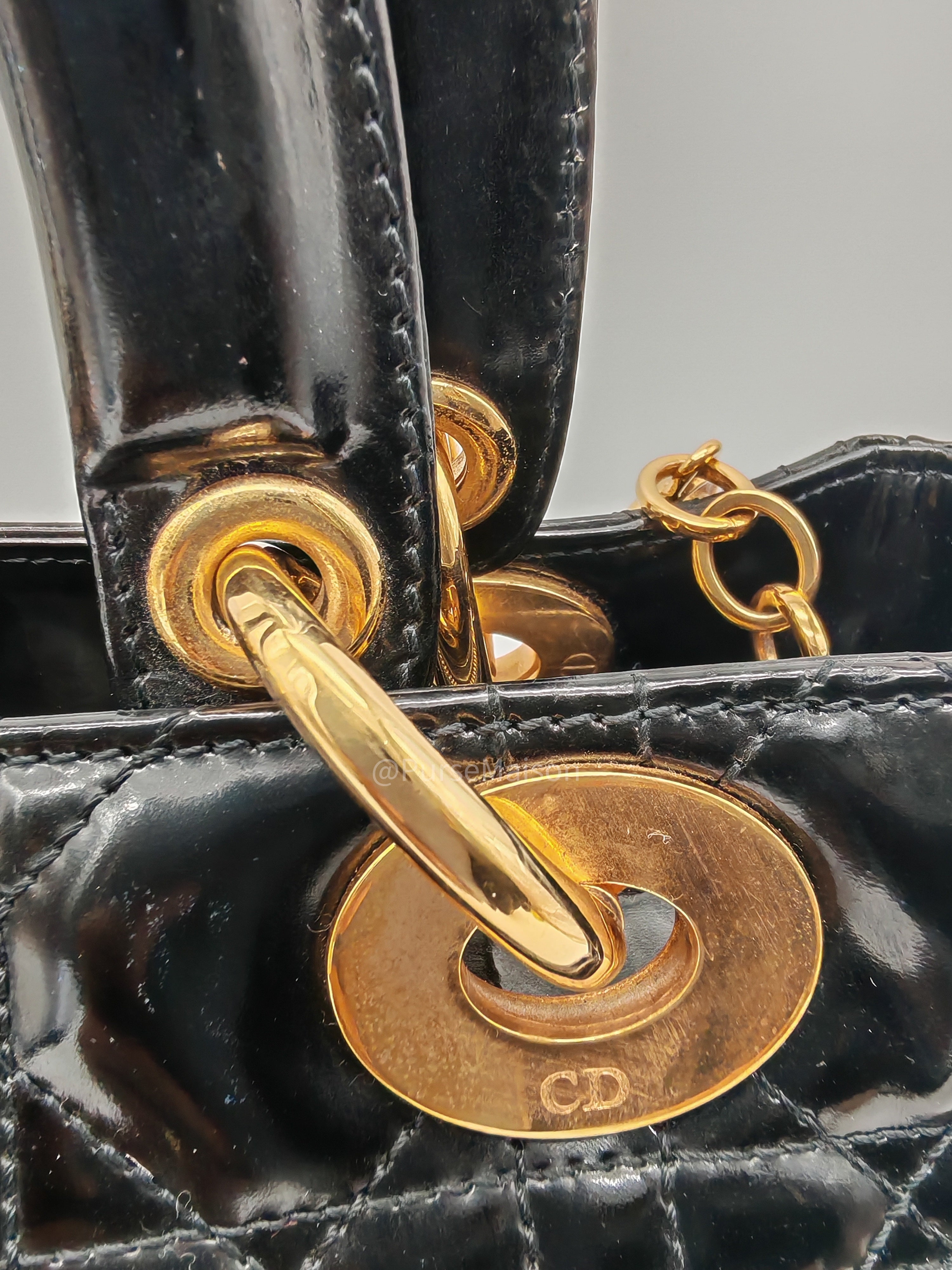 Christian Dior Lady Dior Handbag in Black Cannage Patent Leather GHW