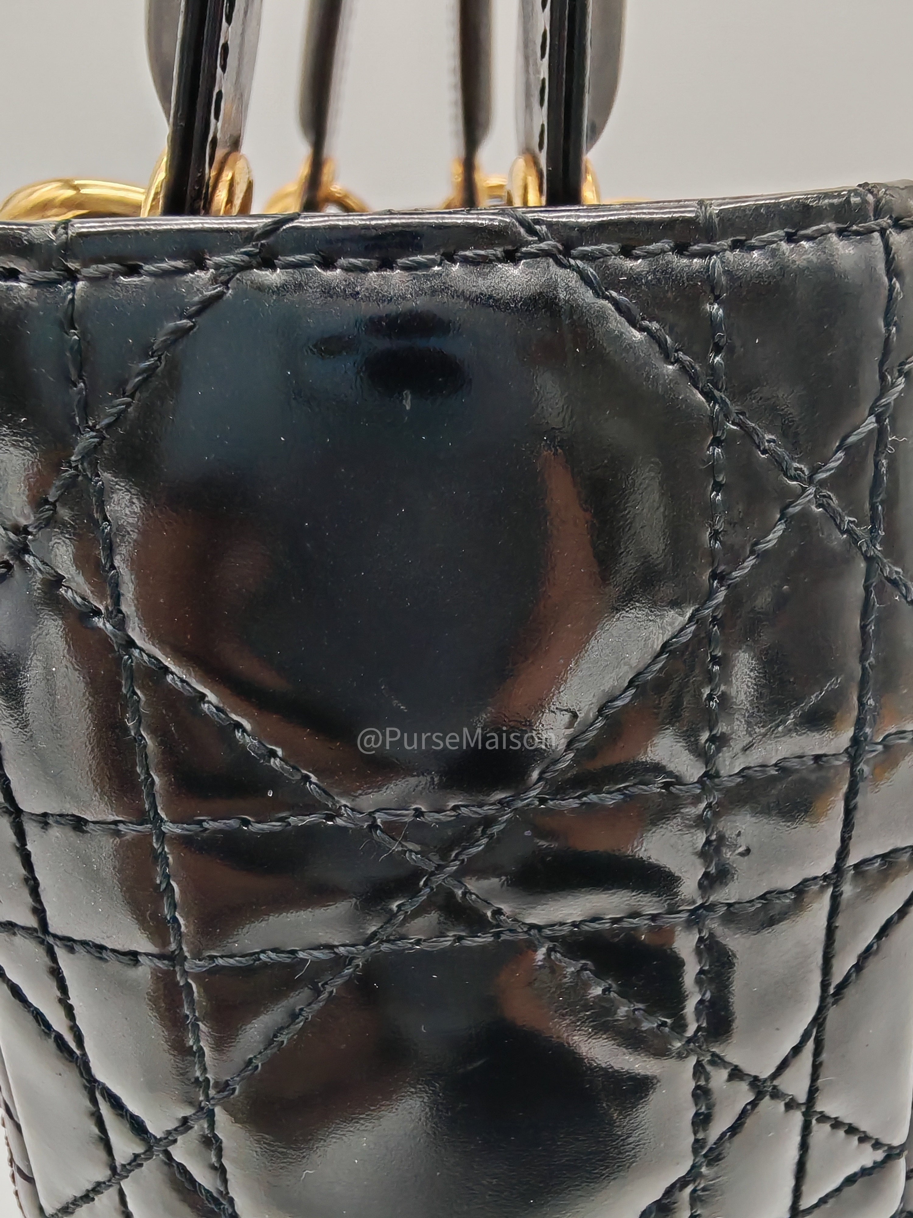 Christian Dior Lady Dior Handbag in Black Cannage Patent Leather GHW