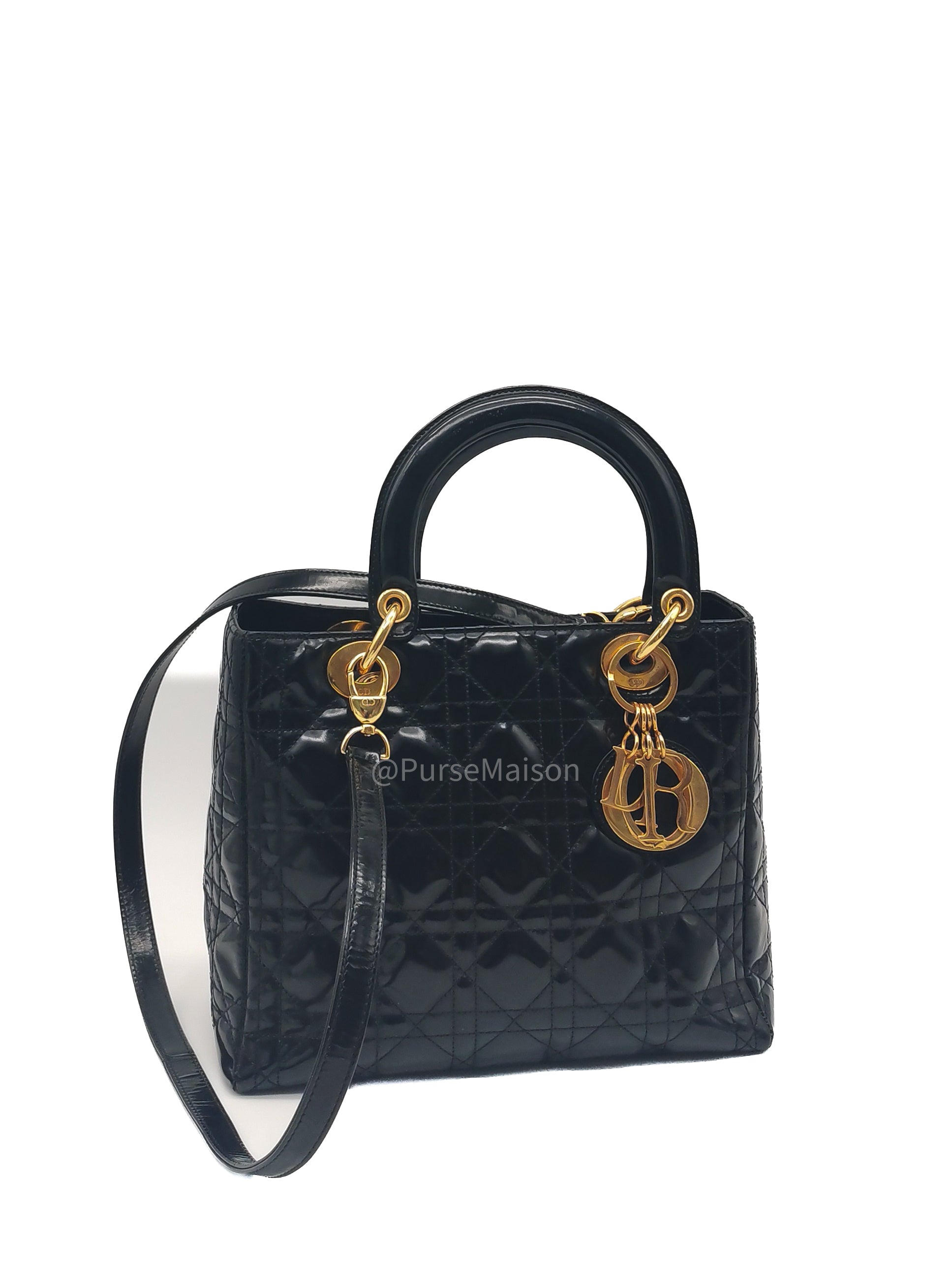 Christian Dior Lady Dior Handbag in Black Cannage Patent Leather GHW