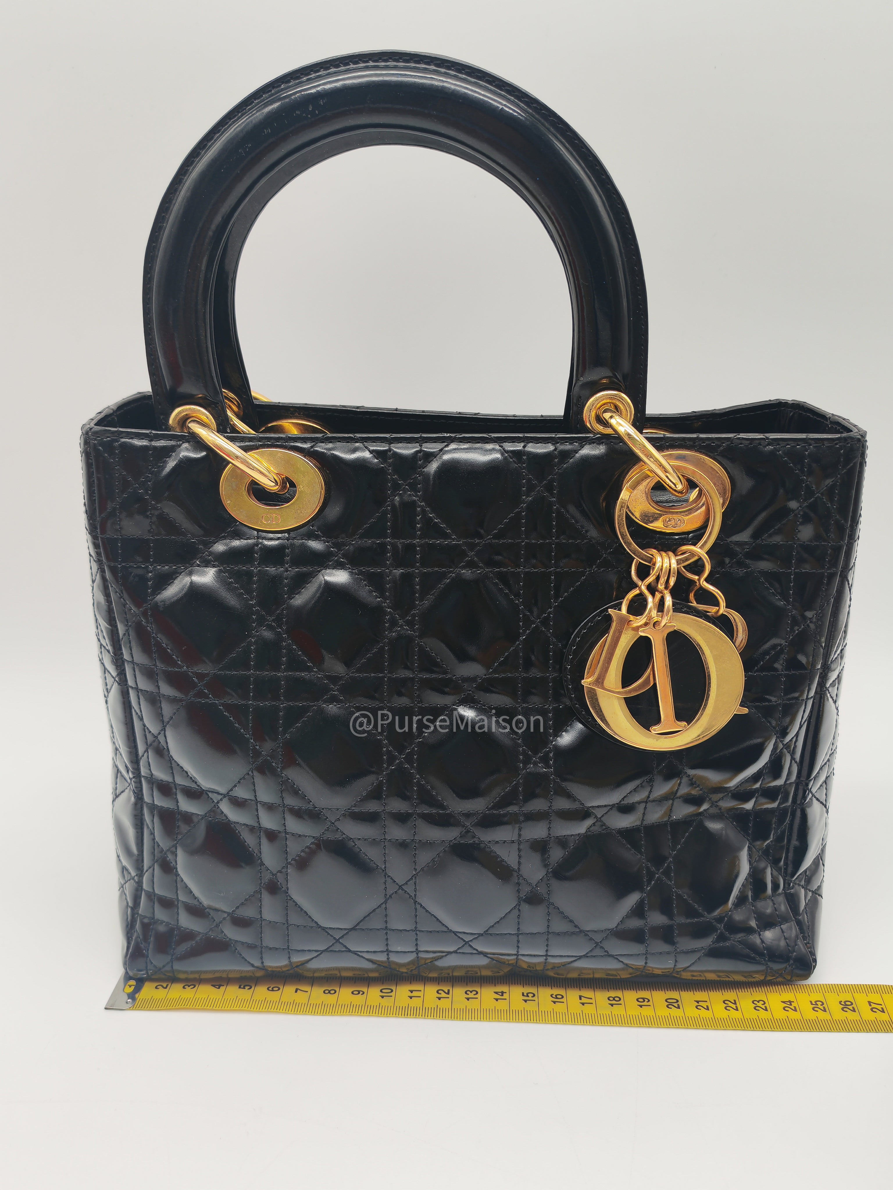 Christian Dior Lady Dior Handbag in Black Cannage Patent Leather GHW