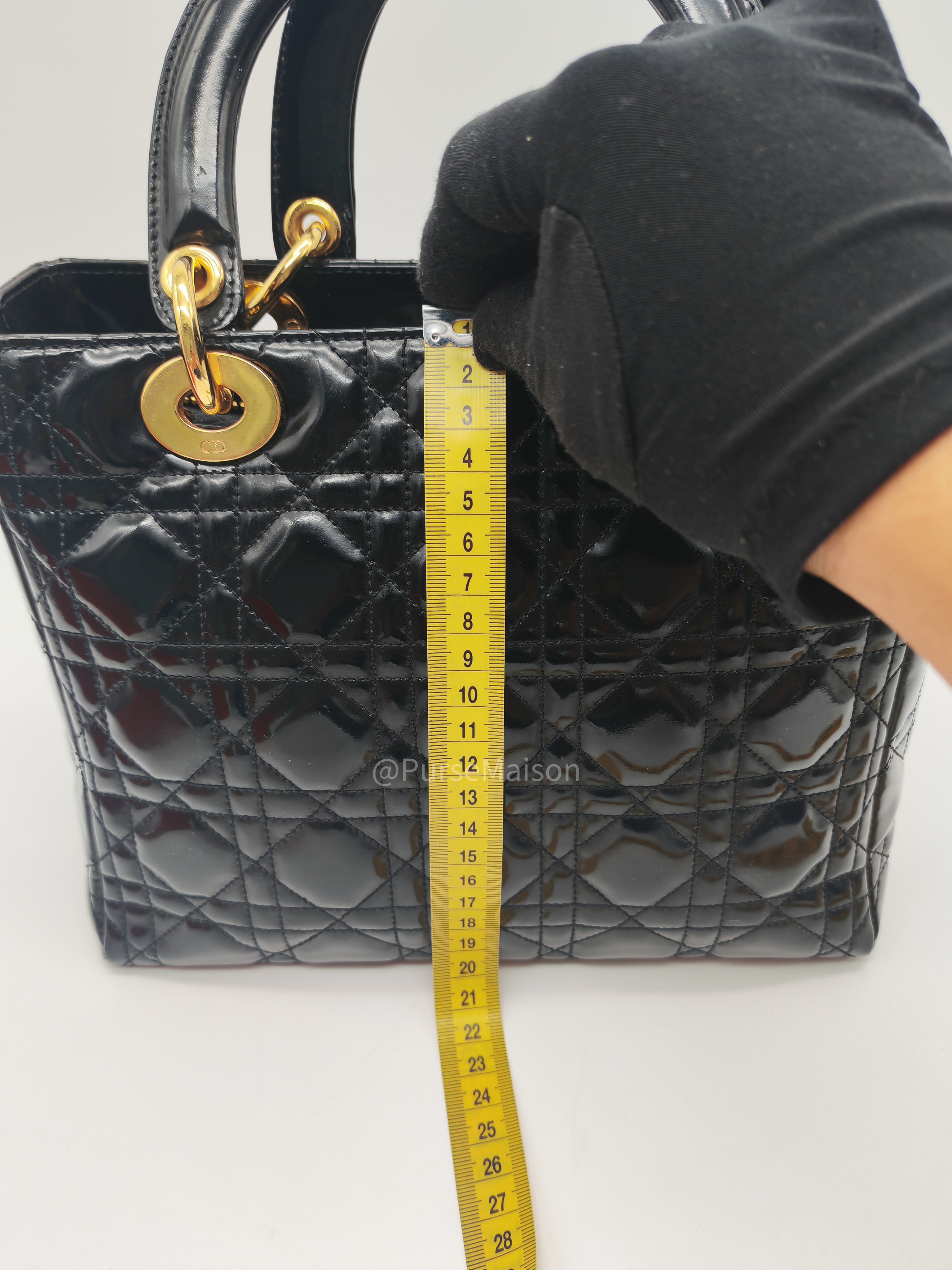 Christian Dior Lady Dior Handbag in Black Cannage Patent Leather GHW