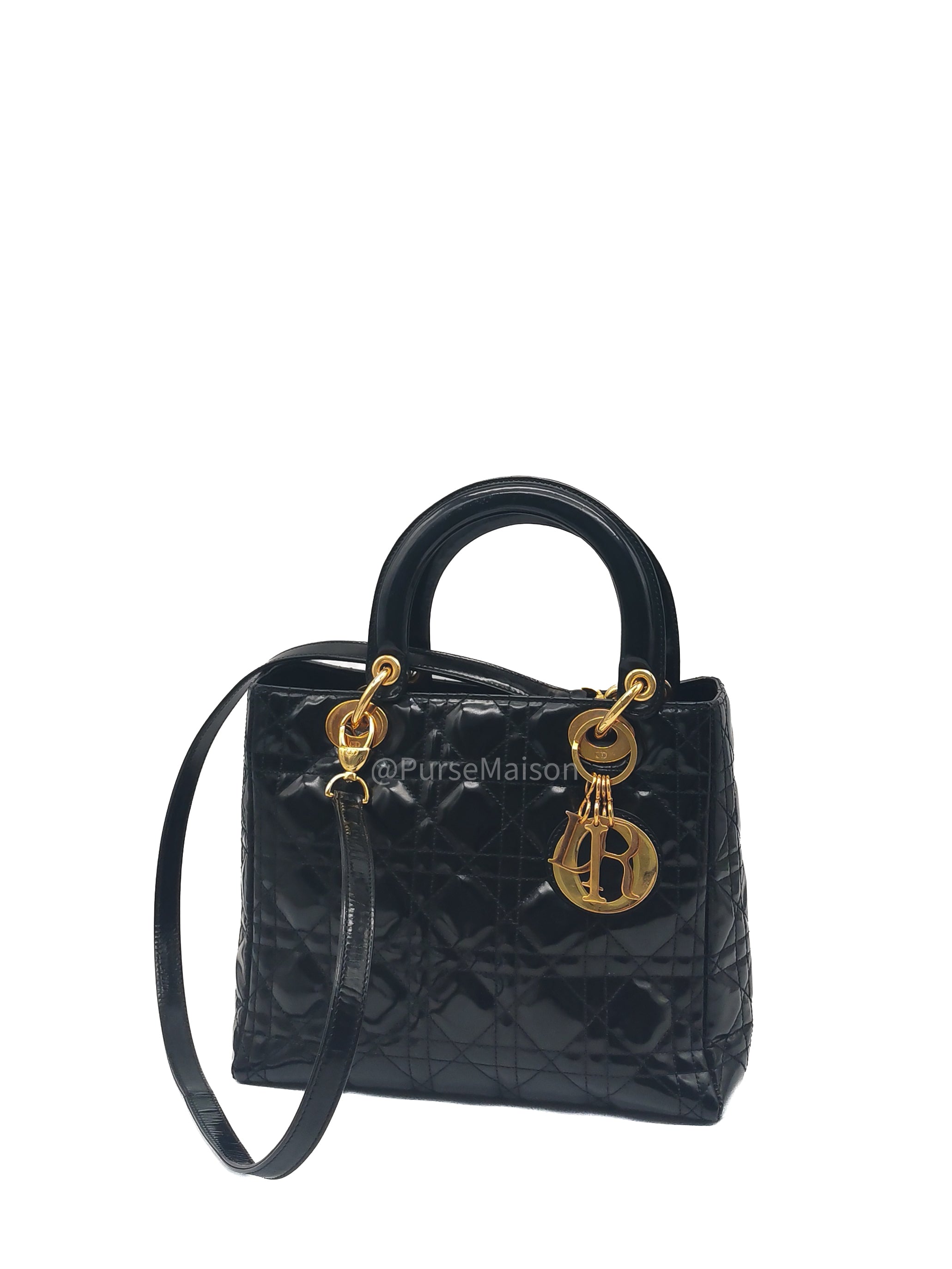 Christian Dior Lady Dior Handbag in Black Cannage Patent Leather GHW