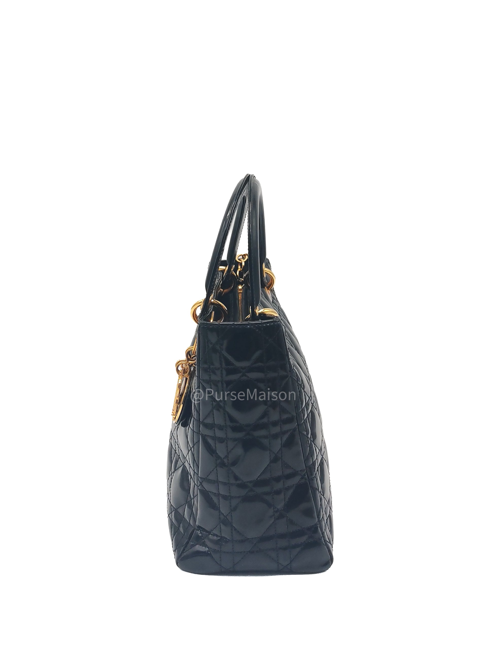 Christian Dior Lady Dior Handbag in Black Cannage Patent Leather GHW