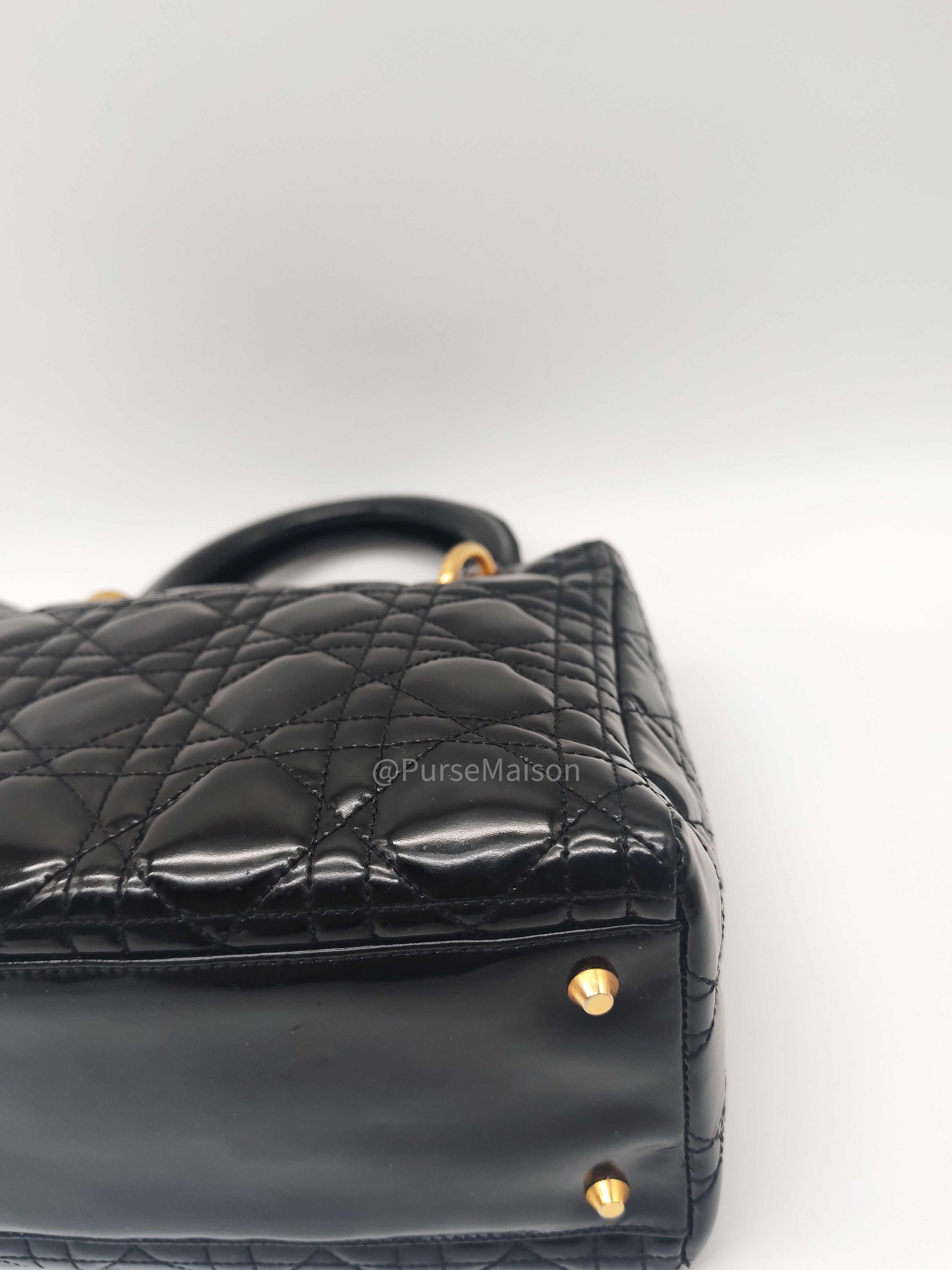 Christian Dior Lady Dior Handbag in Black Cannage Patent Leather GHW
