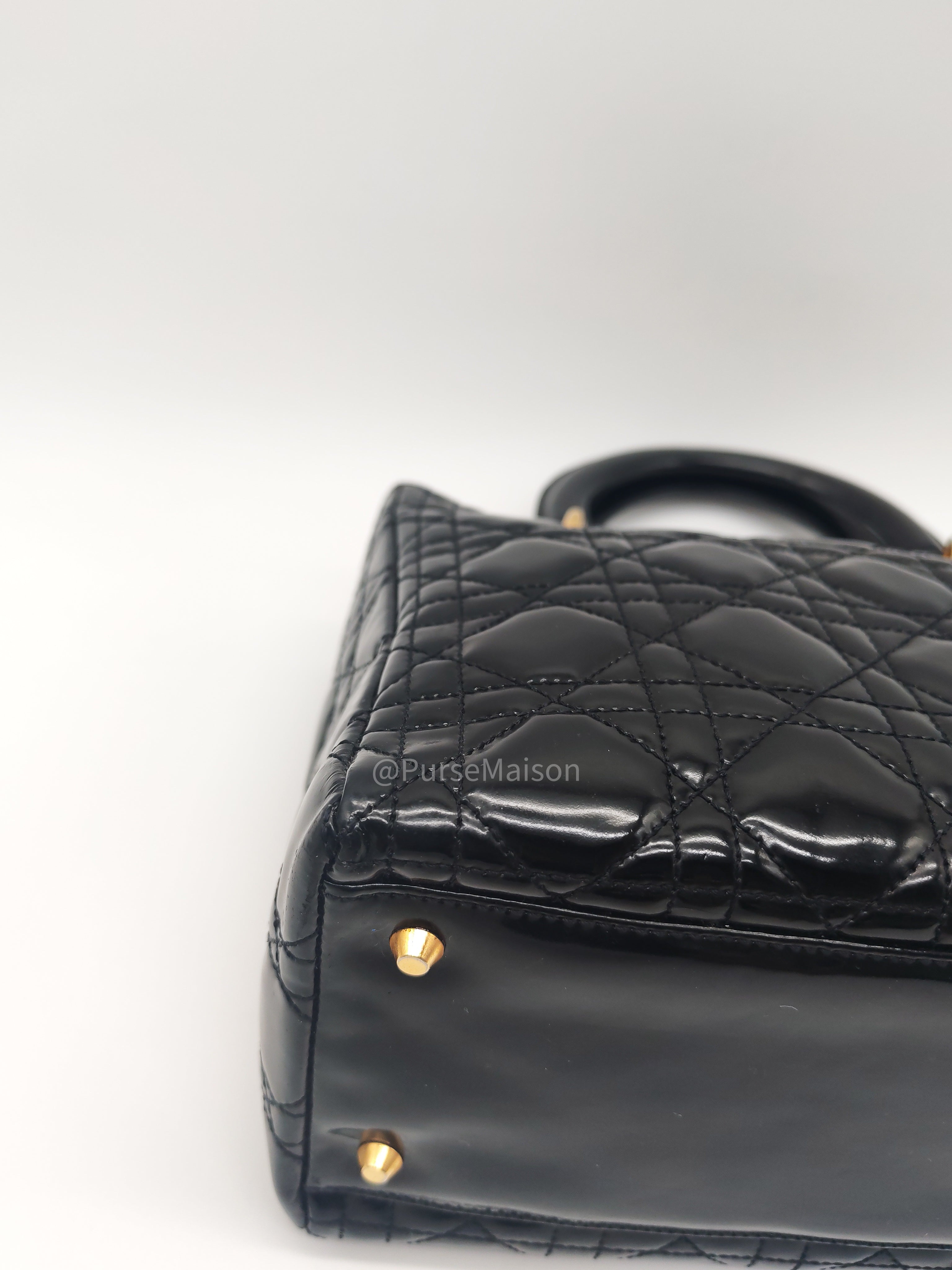 Christian Dior Lady Dior Handbag in Black Cannage Patent Leather GHW