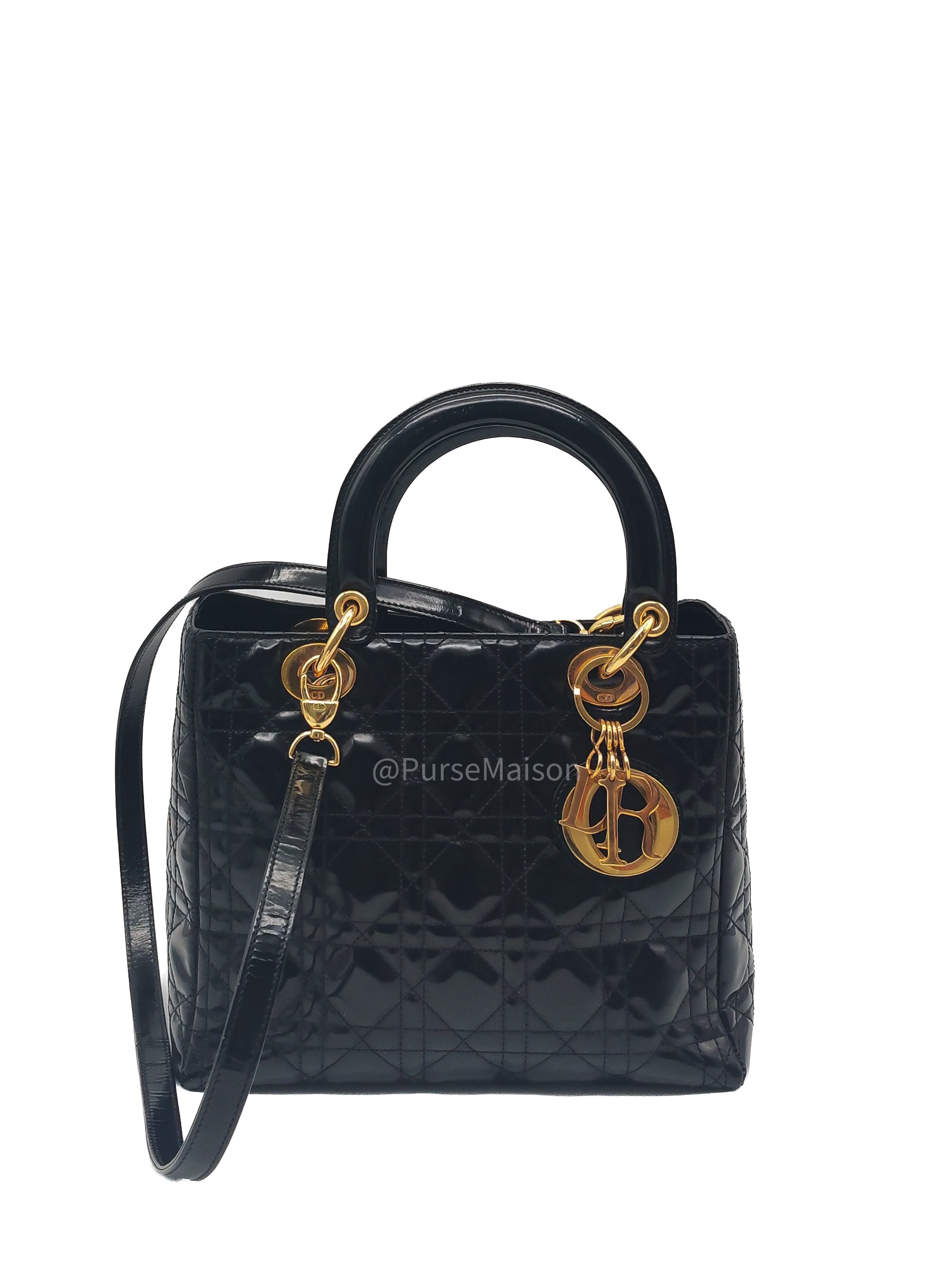 Christian Dior Lady Dior Handbag in Black Cannage Patent Leather GHW