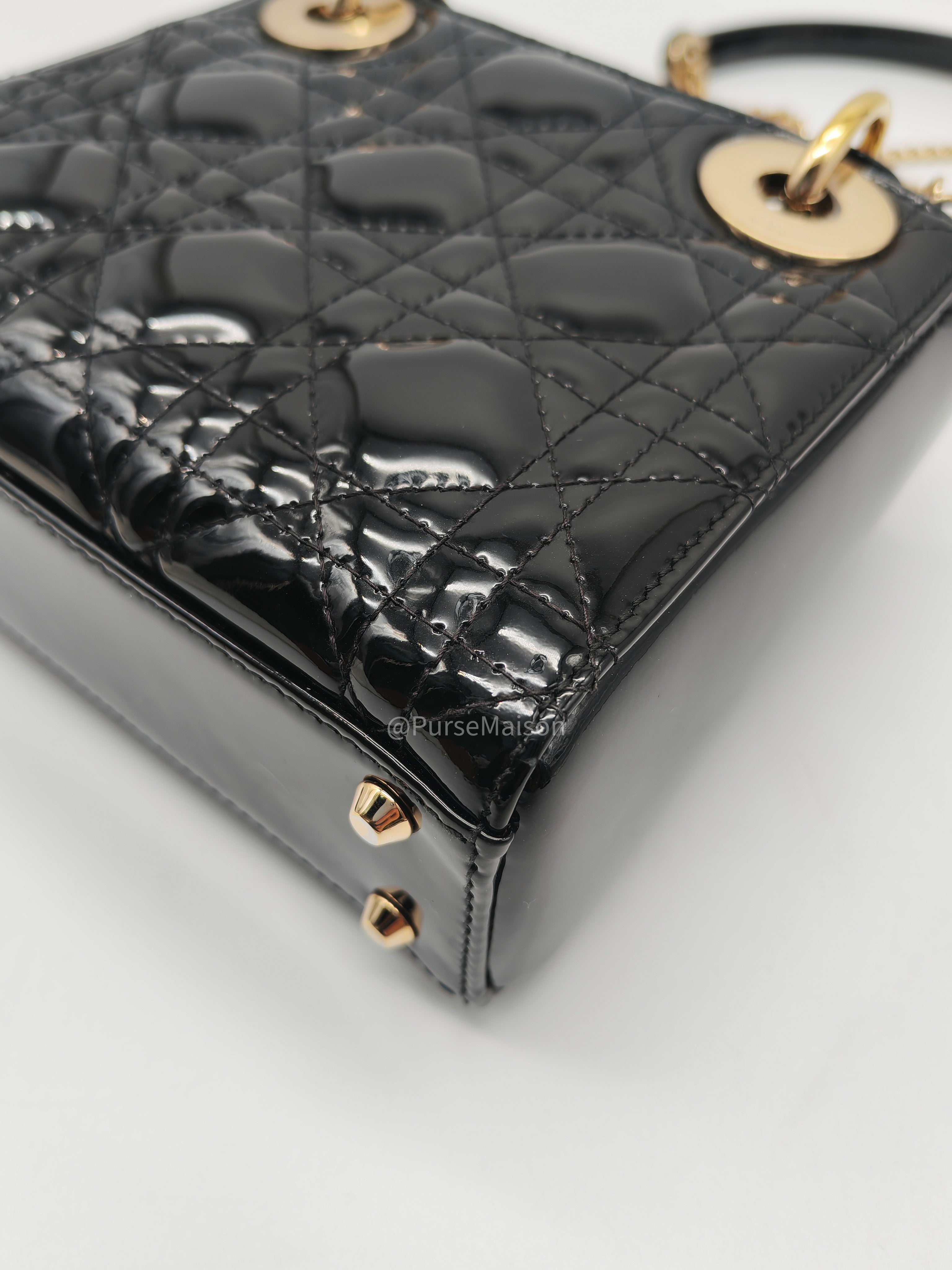 Christian Dior Lady Dior Mini Bag in Black Patent Leather Light Gold Hardware