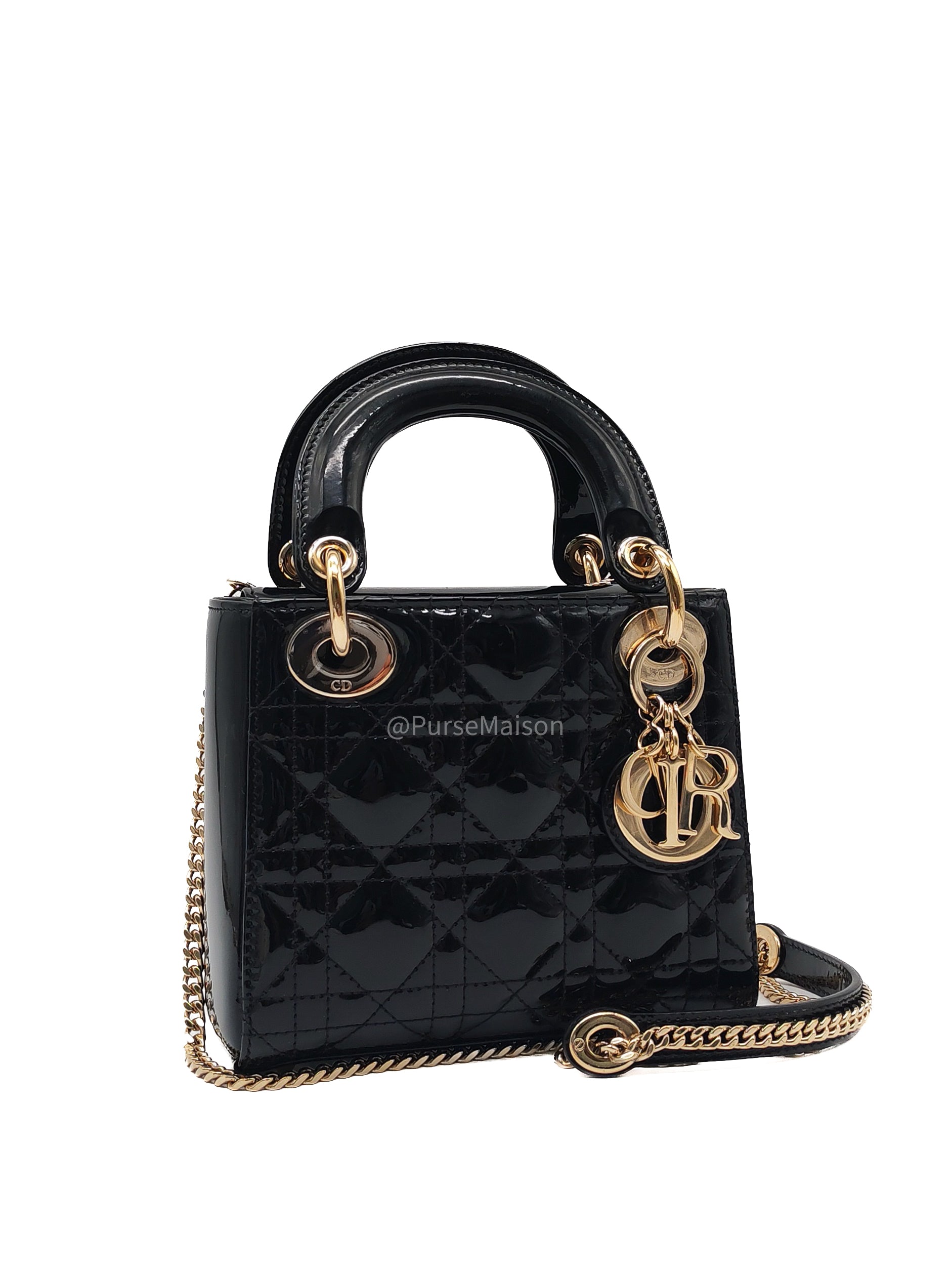 Christian Dior Lady Dior Mini Bag in Black Patent Leather Light Gold Hardware