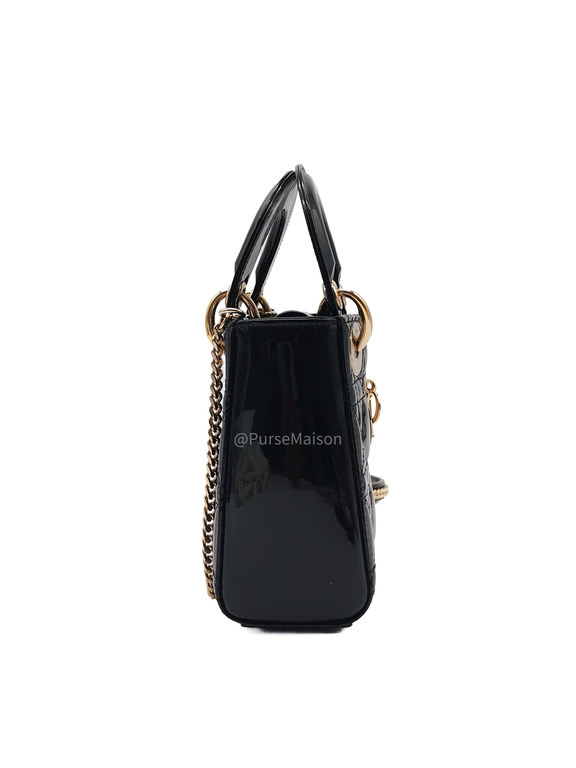 Christian Dior Lady Dior Mini Bag in Black Patent Leather Light Gold Hardware