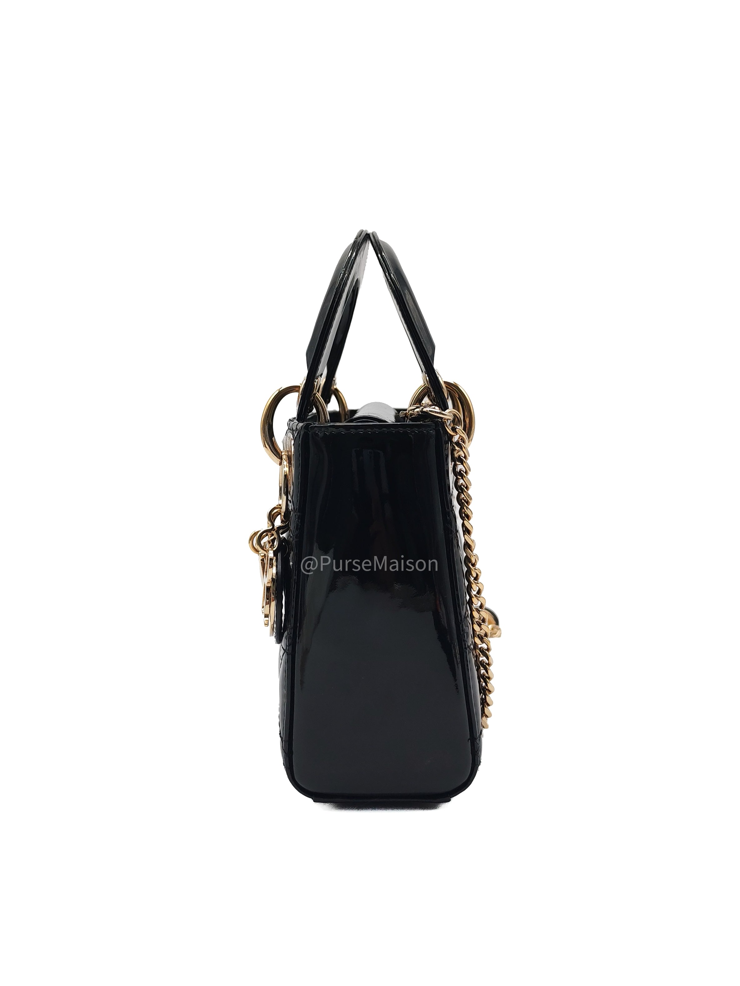 Christian Dior Lady Dior Mini Bag in Black Patent Leather Light Gold Hardware