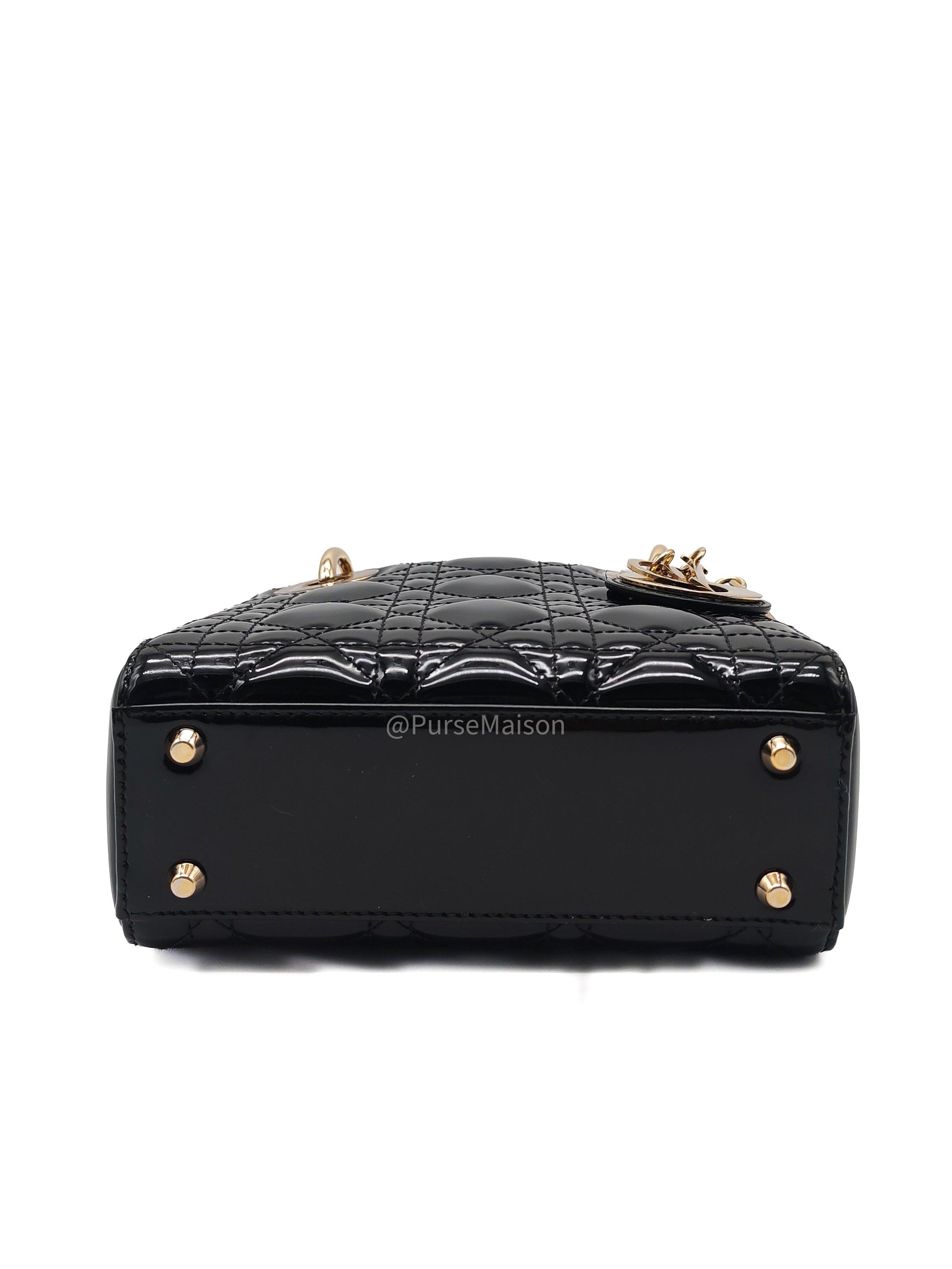 Christian Dior Lady Dior Mini Bag in Black Patent Leather Light Gold Hardware