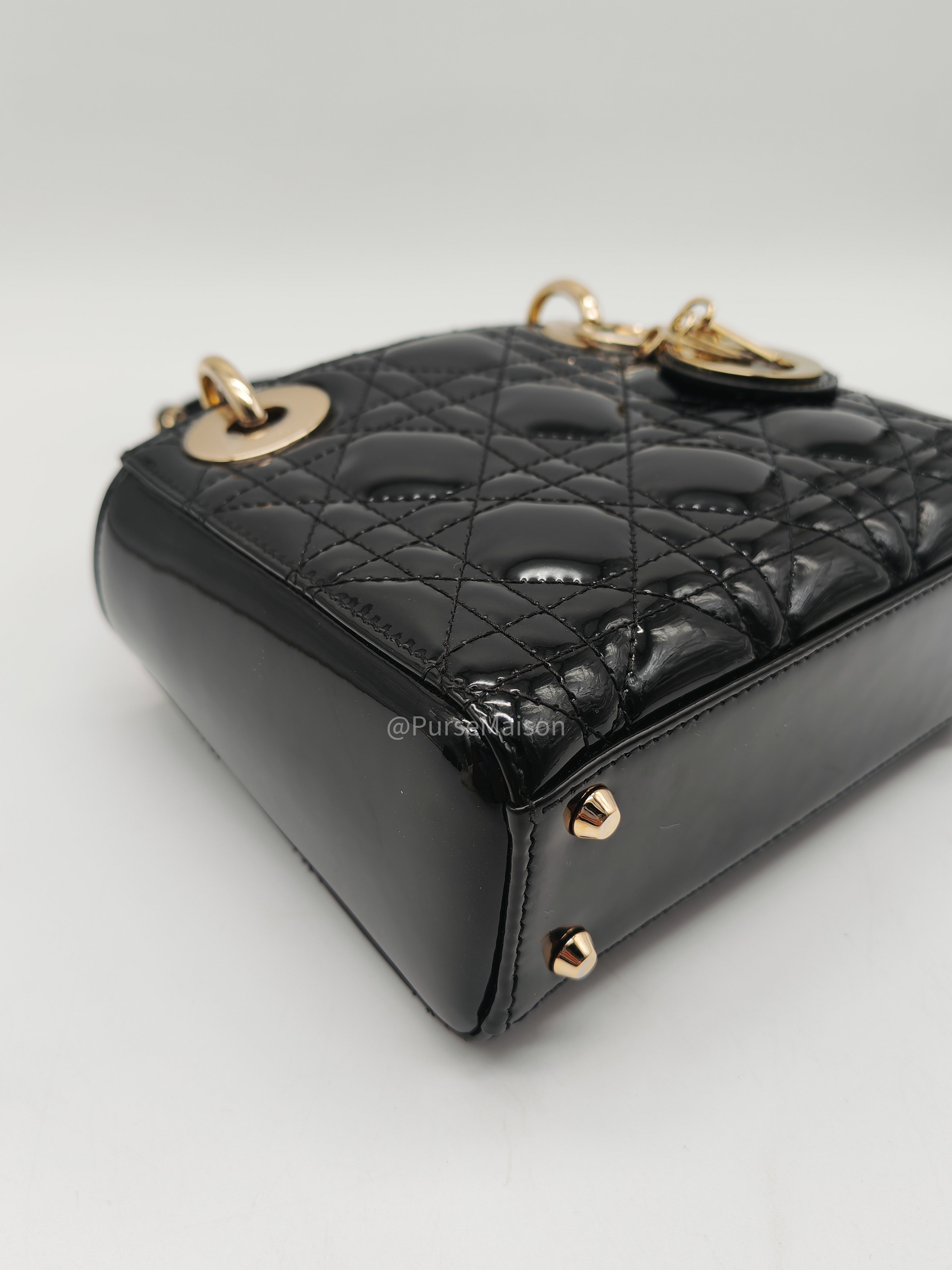 Christian Dior Lady Dior Mini Bag in Black Patent Leather Light Gold Hardware