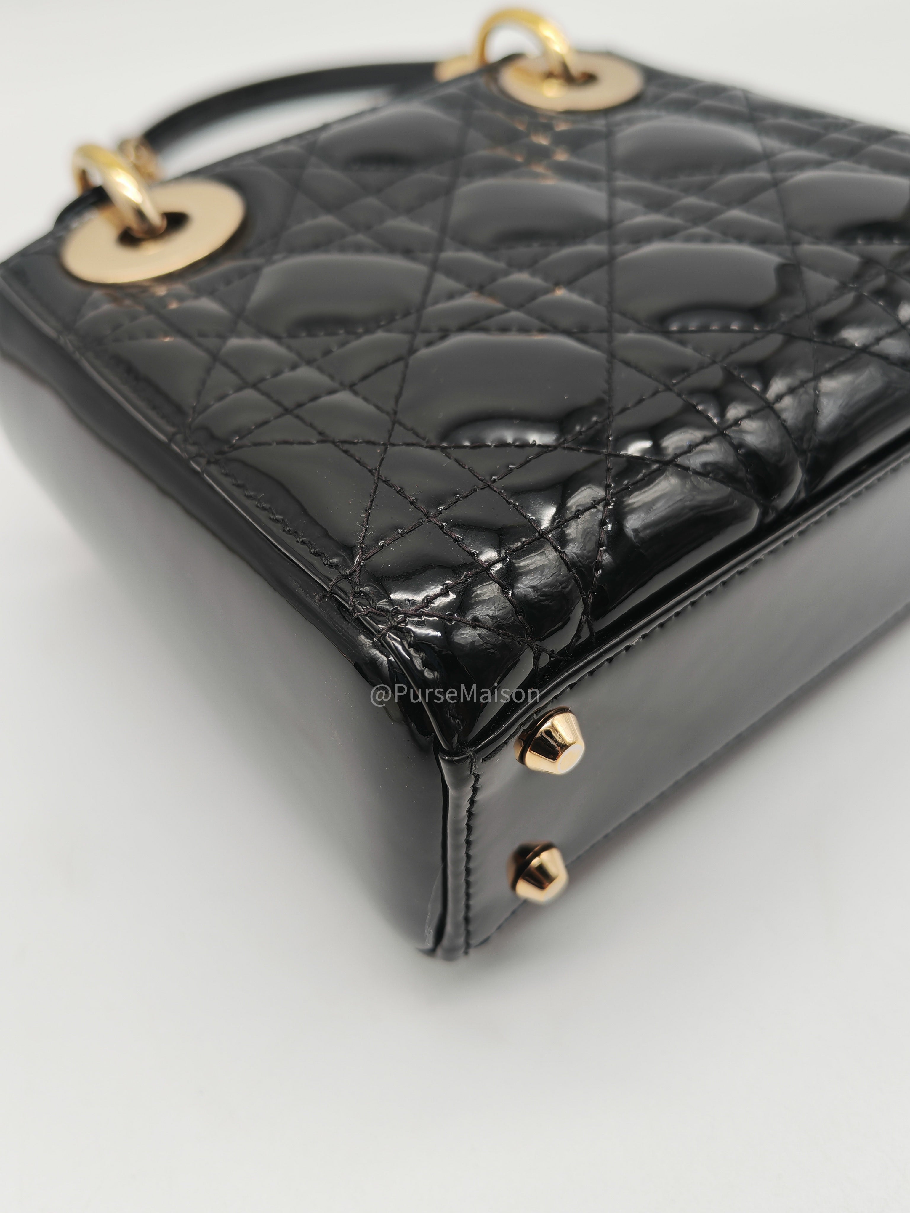 Christian Dior Lady Dior Mini Bag in Black Patent Leather Light Gold Hardware