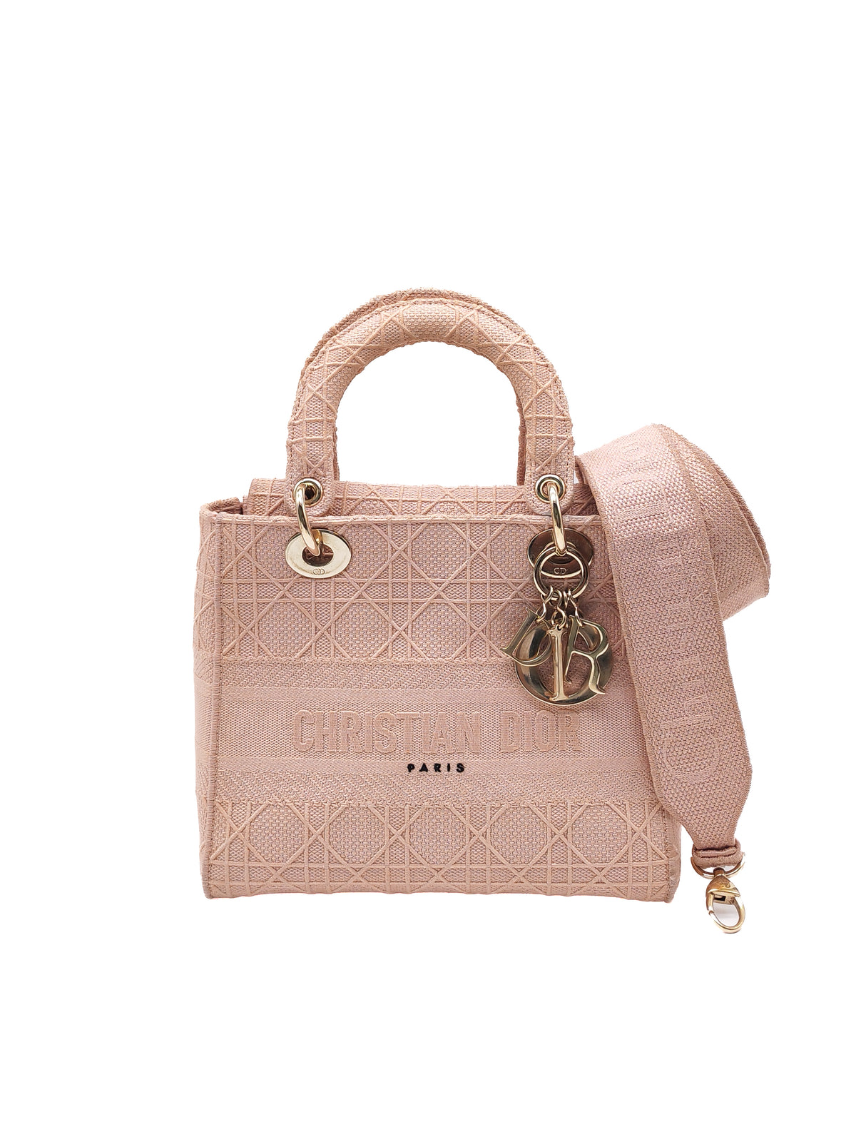 Christian Dior Lady D-Lite Medium Bag in Blush Rose Cannage Embroidery Canvas and Light Gold Hardware