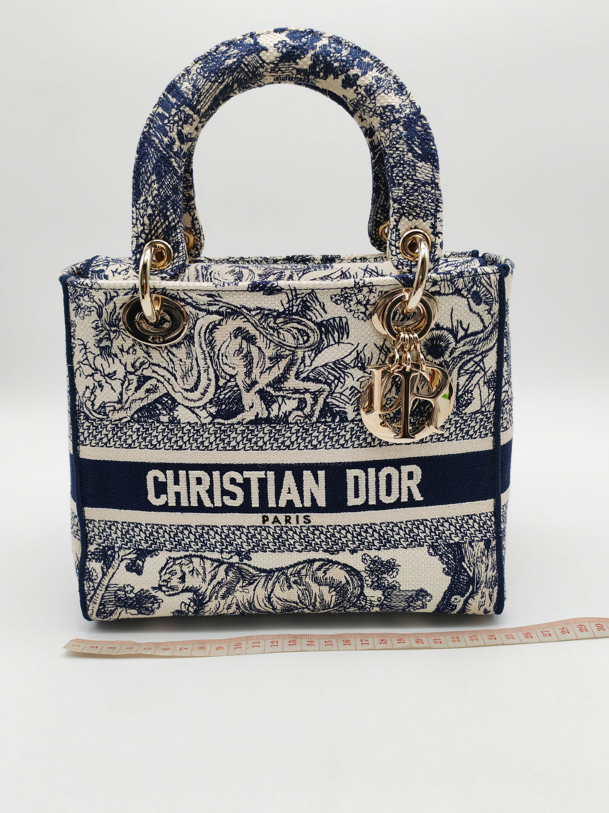 Christian Dior Lady D-Lite Medium in Toile De Jouy Embroidery Canvas and Light Gold Hardware