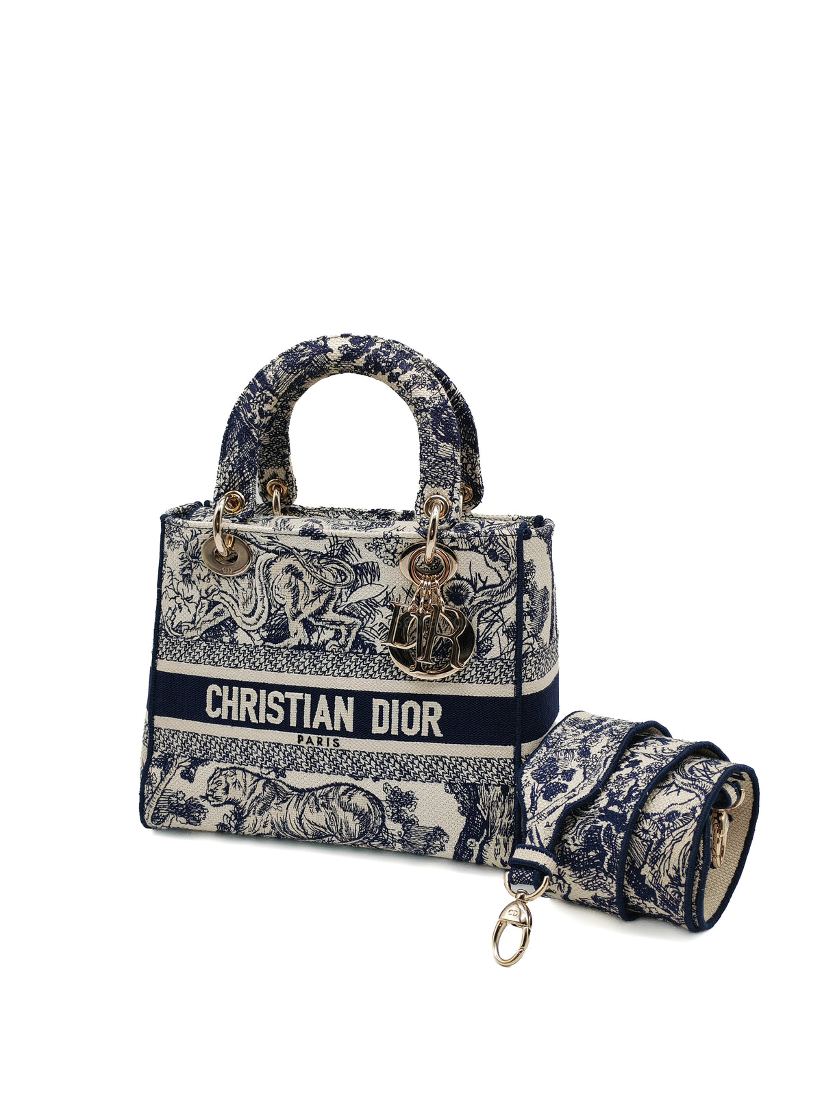 Christian Dior Lady D-Lite Medium in Toile De Jouy Embroidery Canvas and Light Gold Hardware