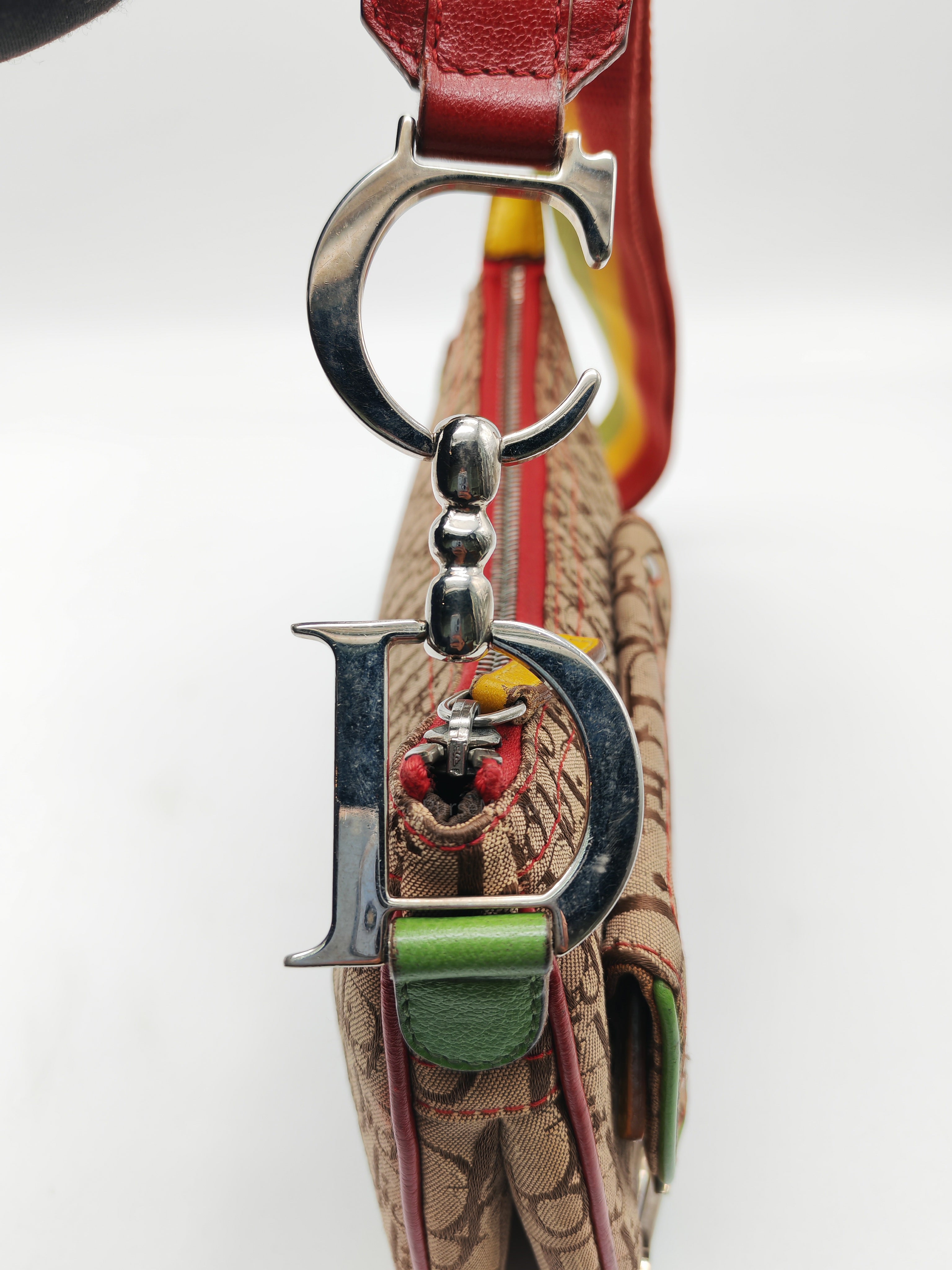Christian Dior Rasta Trotter Double Saddle Bag in Beige Monogram Canvas with Yellow and Rasta-Colored Accents