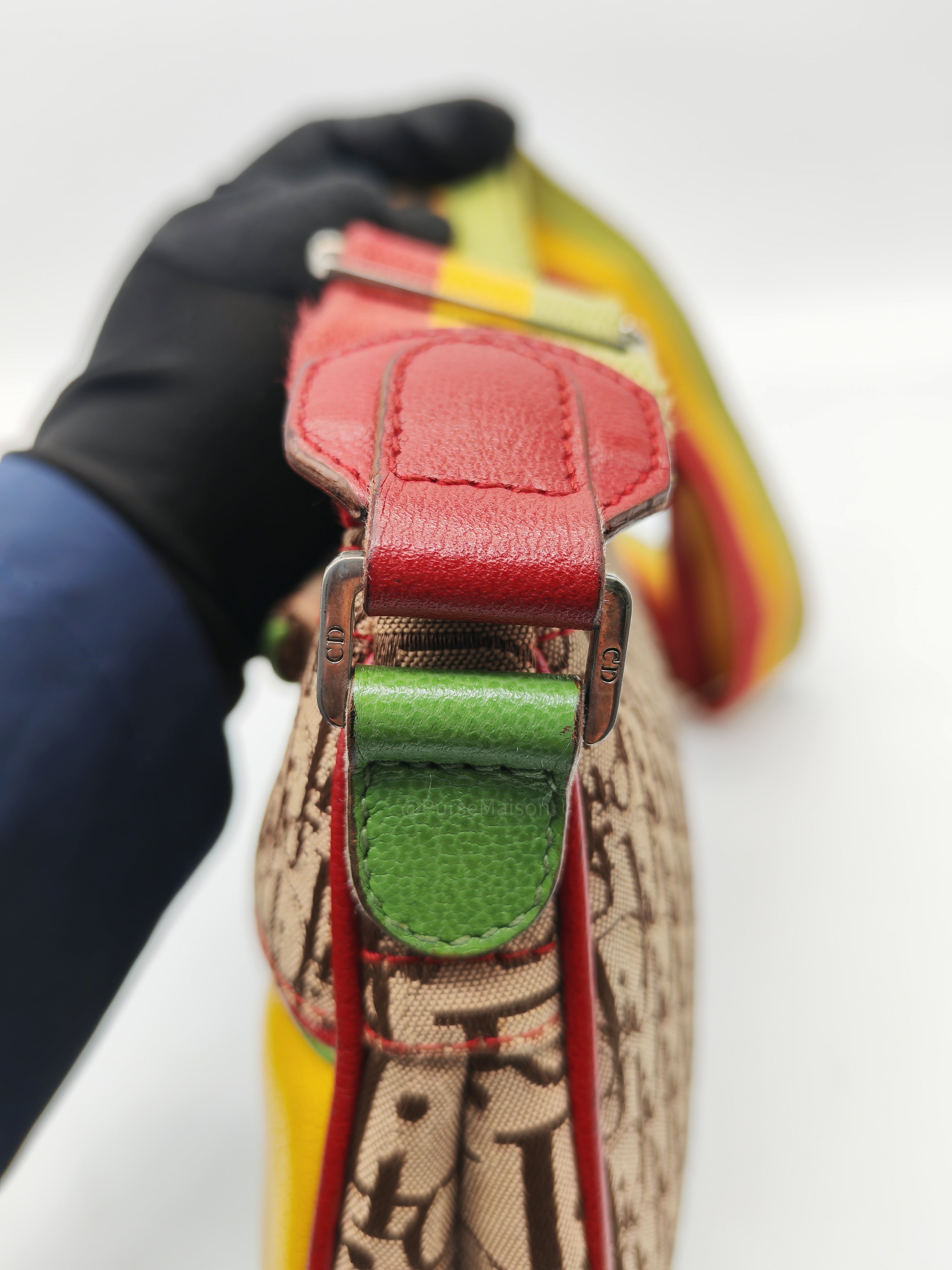 Christian Dior Rasta Trotter Double Saddle Bag in Beige Monogram Canvas with Yellow and Rasta-Colored Accents