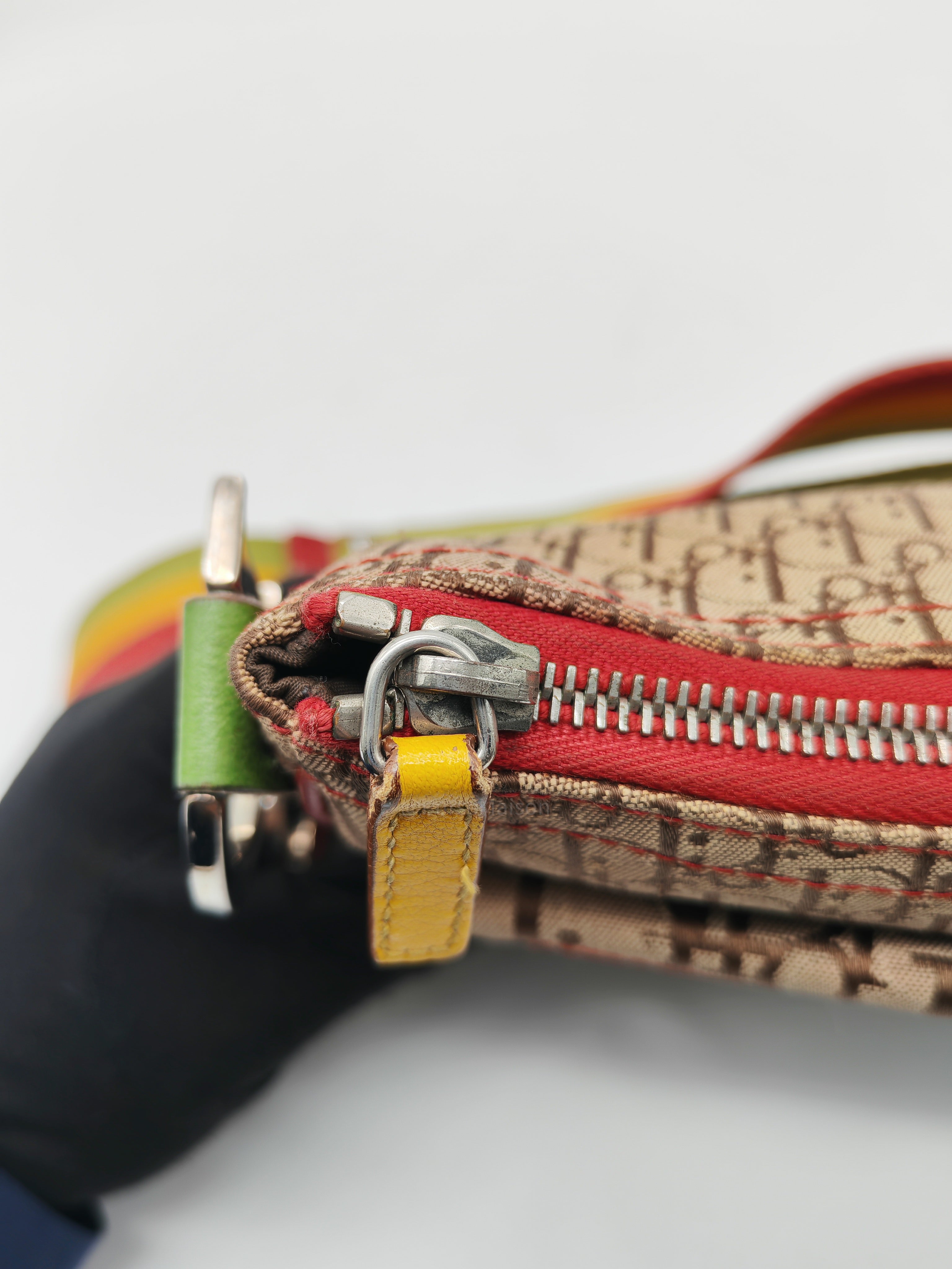 Christian Dior Rasta Trotter Double Saddle Bag in Beige Monogram Canvas with Yellow and Rasta-Colored Accents