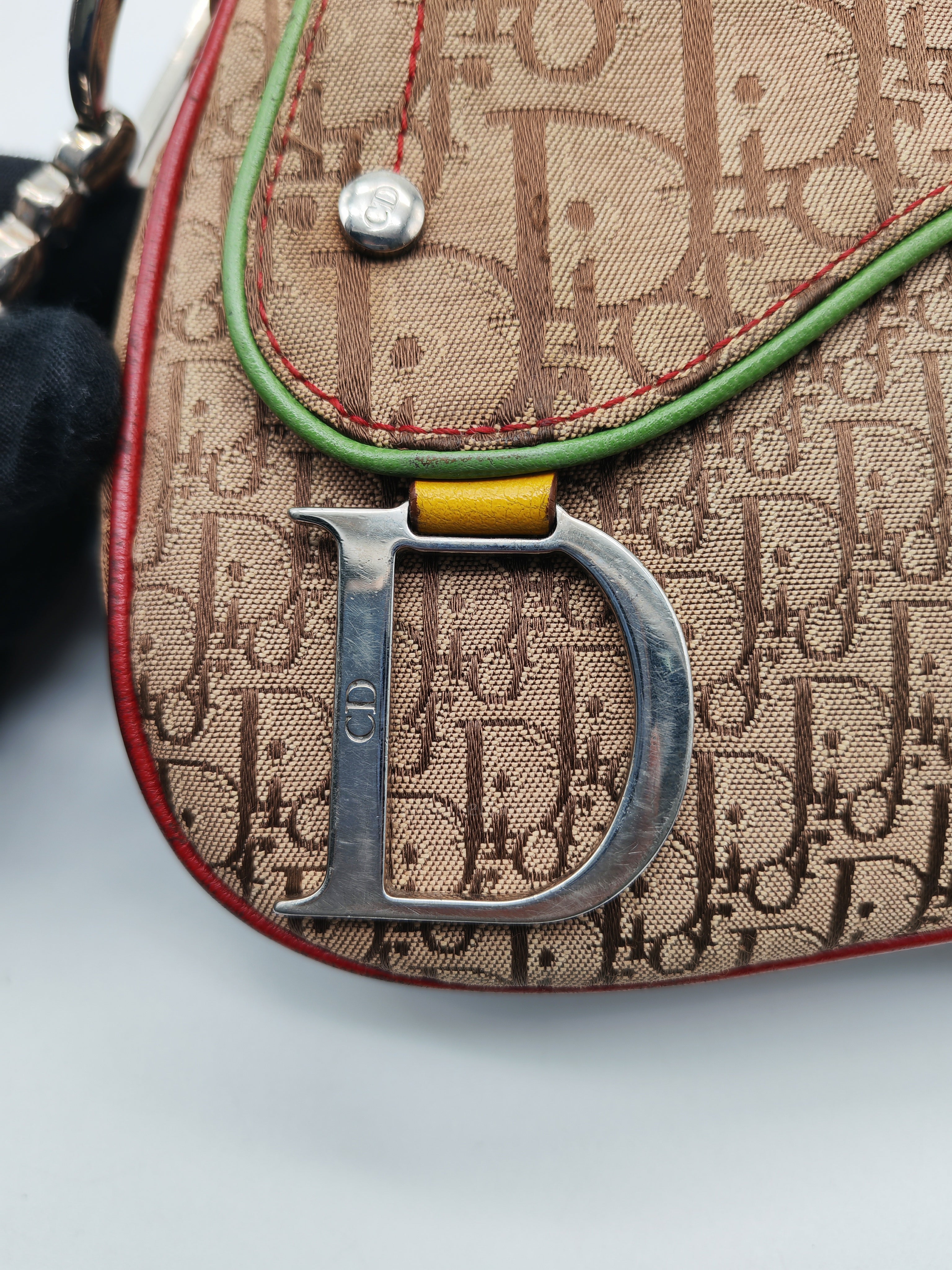 Christian Dior Rasta Trotter Double Saddle Bag in Beige Monogram Canvas with Yellow and Rasta-Colored Accents