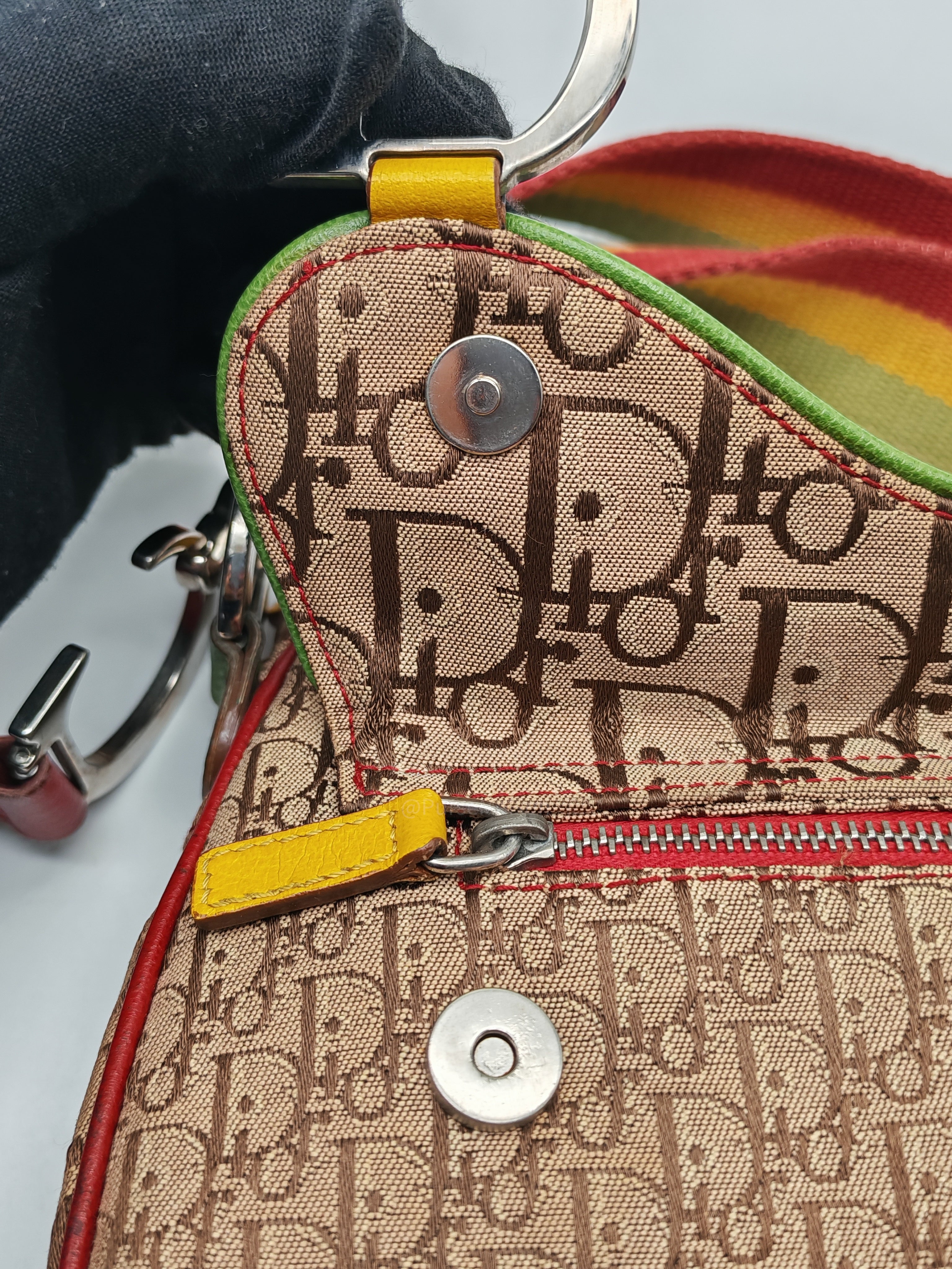 Christian Dior Rasta Trotter Double Saddle Bag in Beige Monogram Canvas with Yellow and Rasta-Colored Accents