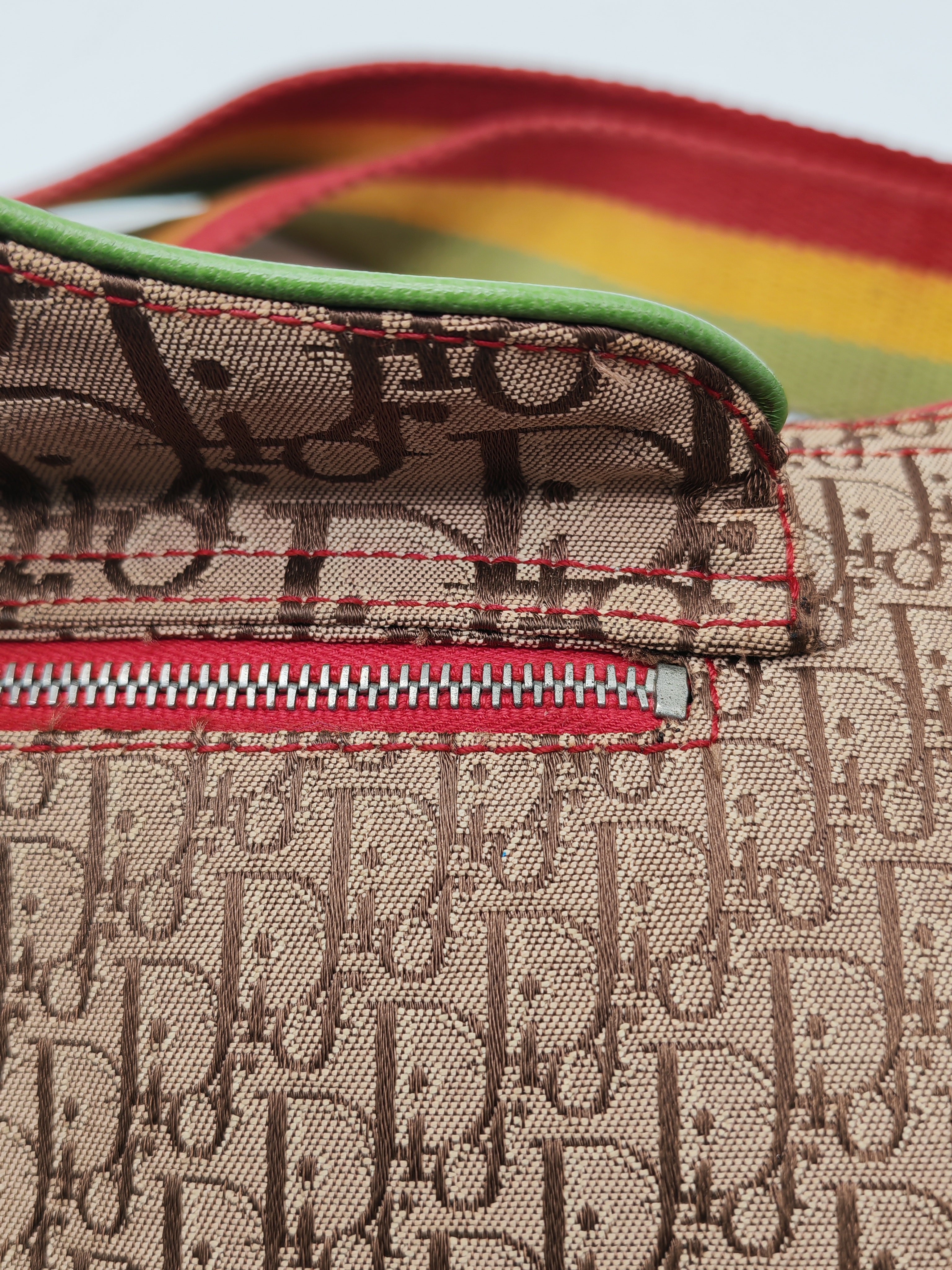 Christian Dior Rasta Trotter Double Saddle Bag in Beige Monogram Canvas with Yellow and Rasta-Colored Accents