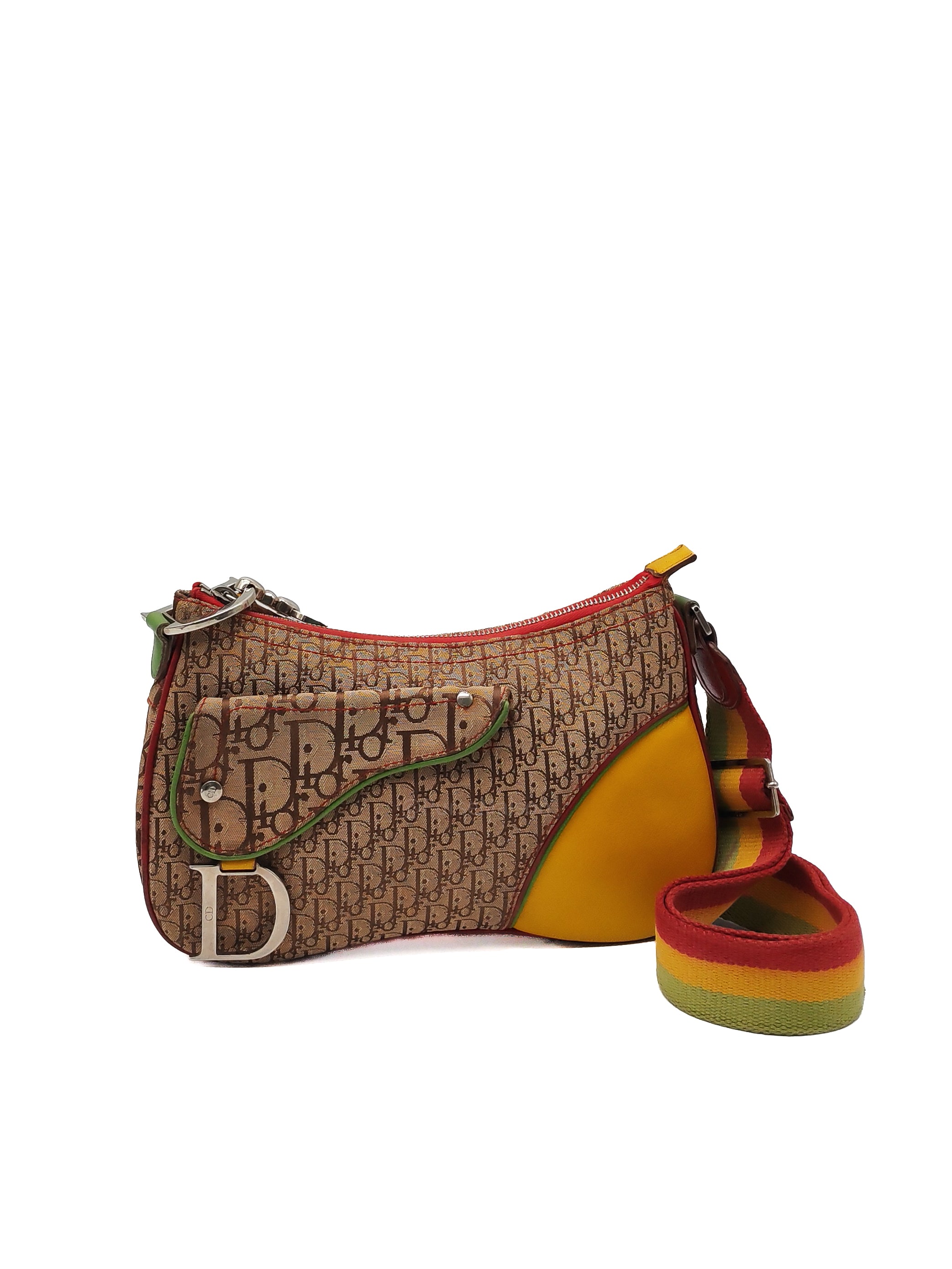 Christian Dior Rasta Trotter Double Saddle Bag in Beige Monogram Canvas with Yellow and Rasta-Colored Accents