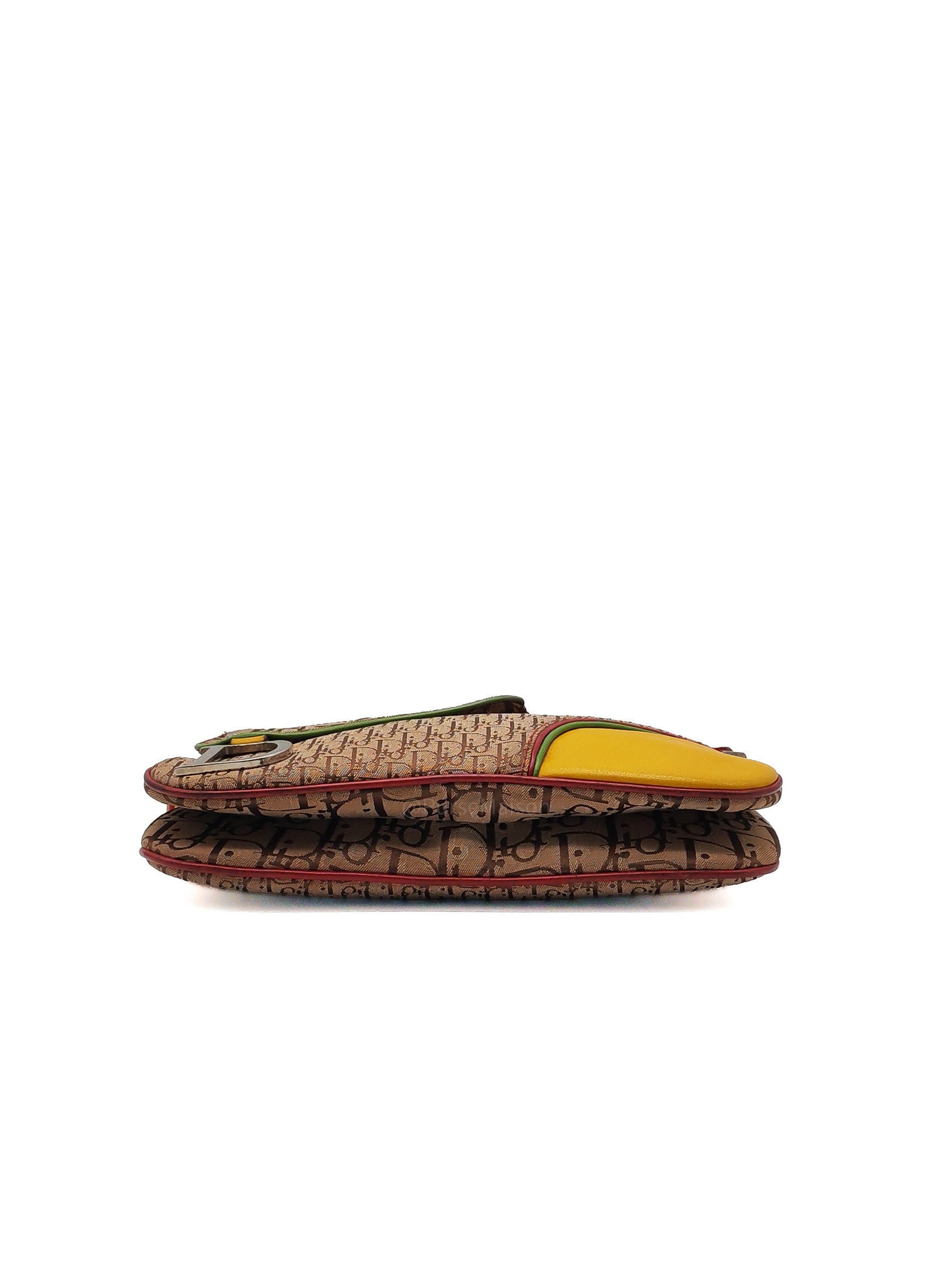 Christian Dior Rasta Trotter Double Saddle Bag in Beige Monogram Canvas with Yellow and Rasta-Colored Accents