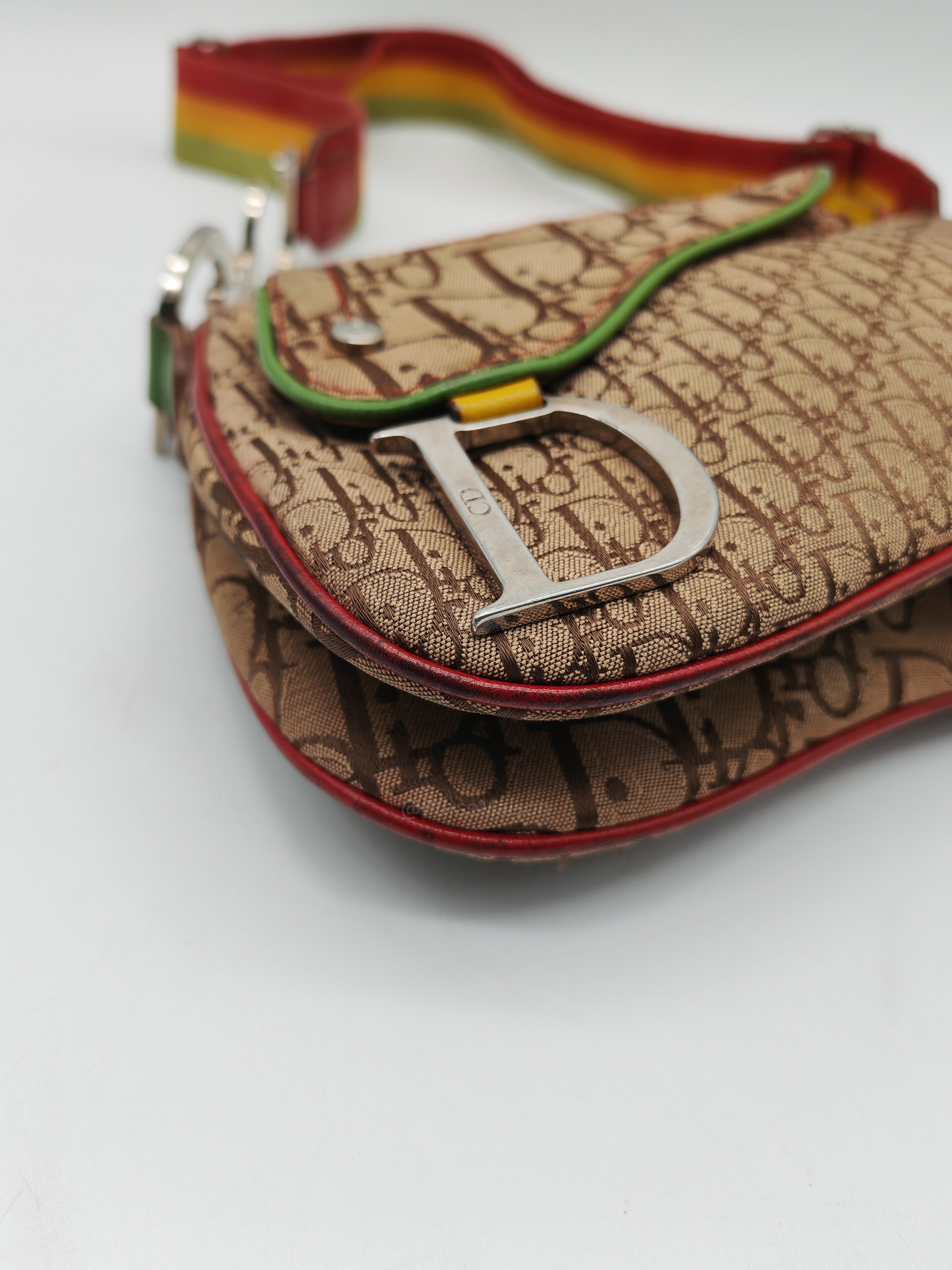 Christian Dior Rasta Trotter Double Saddle Bag in Beige Monogram Canvas with Yellow and Rasta-Colored Accents