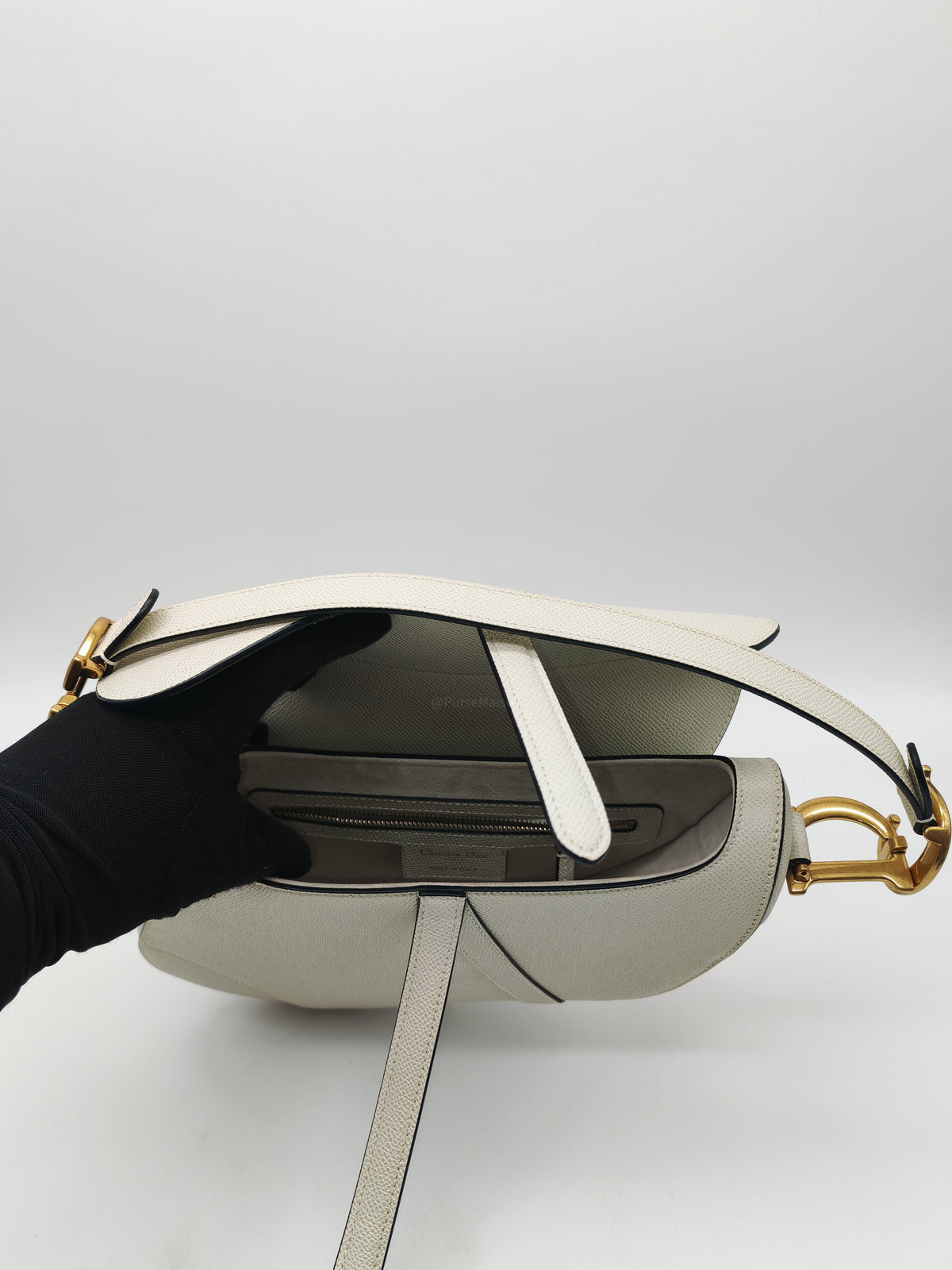 Christian Dior Saddle Bag Medium in White Grained Calfskin Leather and Aged Gold Hardware