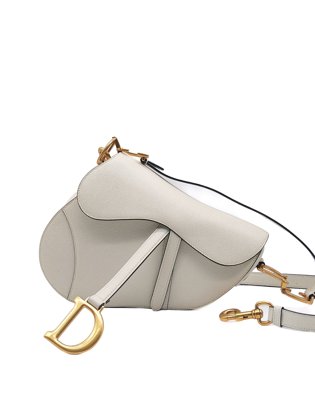 Christian Dior Saddle Bag Medium in White Grained Calfskin Leather and Aged Gold Hardware